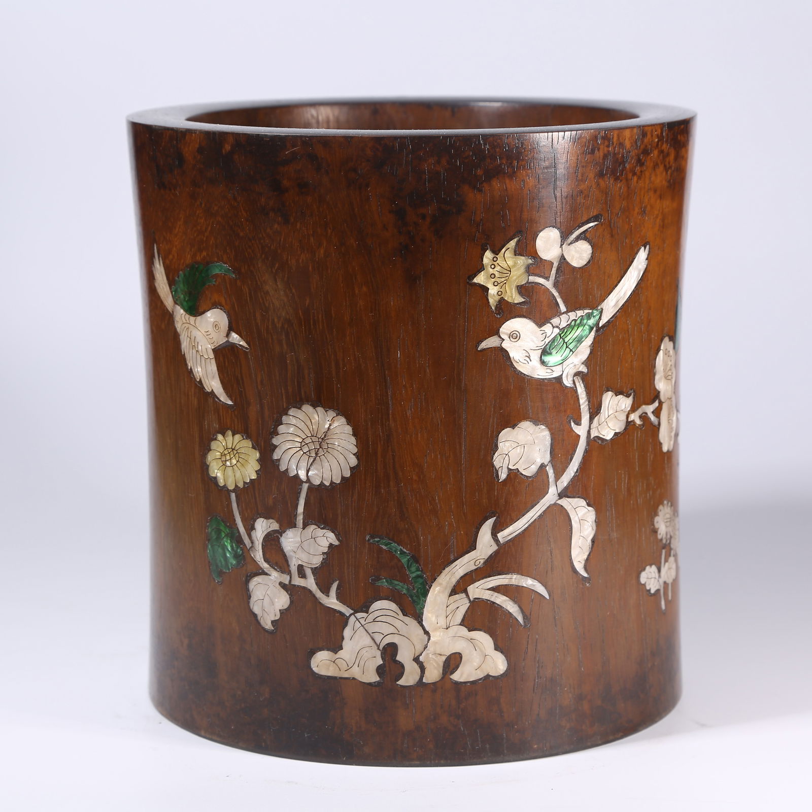 A HUANGHUALI WOOD BRUSH POT INLAID WITH PRECIOUS MATERIALS, FEATURING FLORAL AND BIRD MOTIFS (1 of 8)