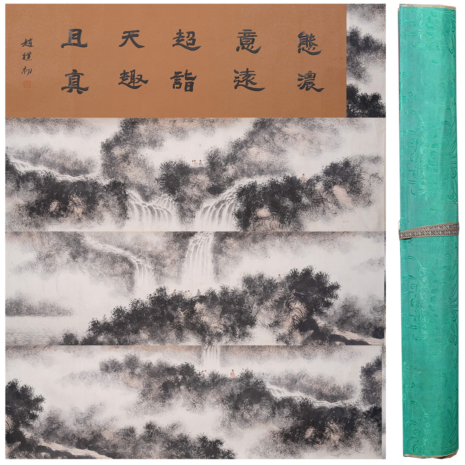 A LANDSCAPE AND FIGURE PAINTING HANDSCROLL ON PAPER BY FU BAOSHI.傅抱石: Landscape and Figure Painting Handscroll on Paper by Fu Baoshi.傅抱石