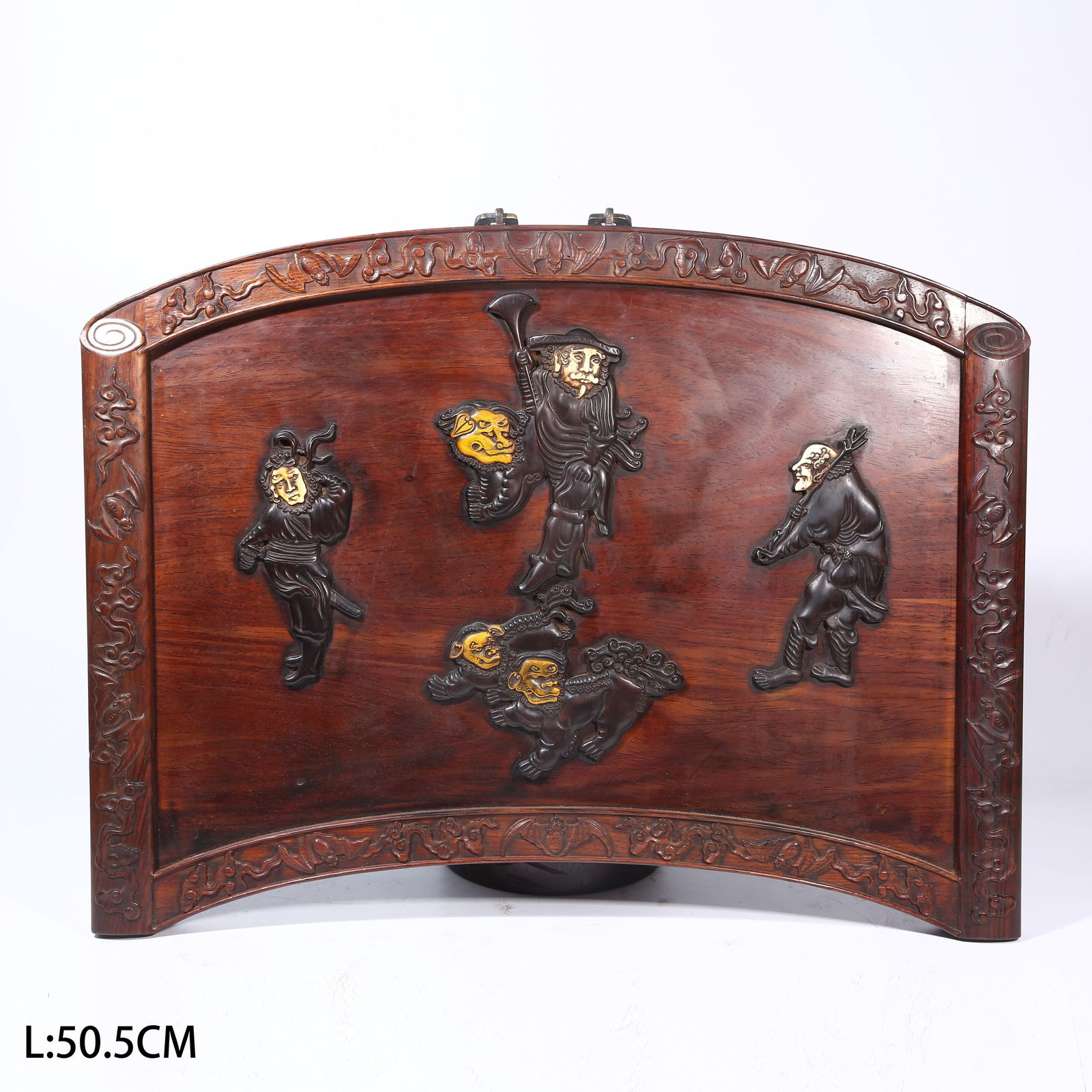 A HUANGHUALI WOOD HANGING SCREEN INLAID WITH ZITAN WOOD, DEPICTING HU PEOPLE PLAYING WITH LIONS: Huanghuali Wood Hanging Screen Inlaid with Zitan Wood, Depicting Hu People Playing with Lions