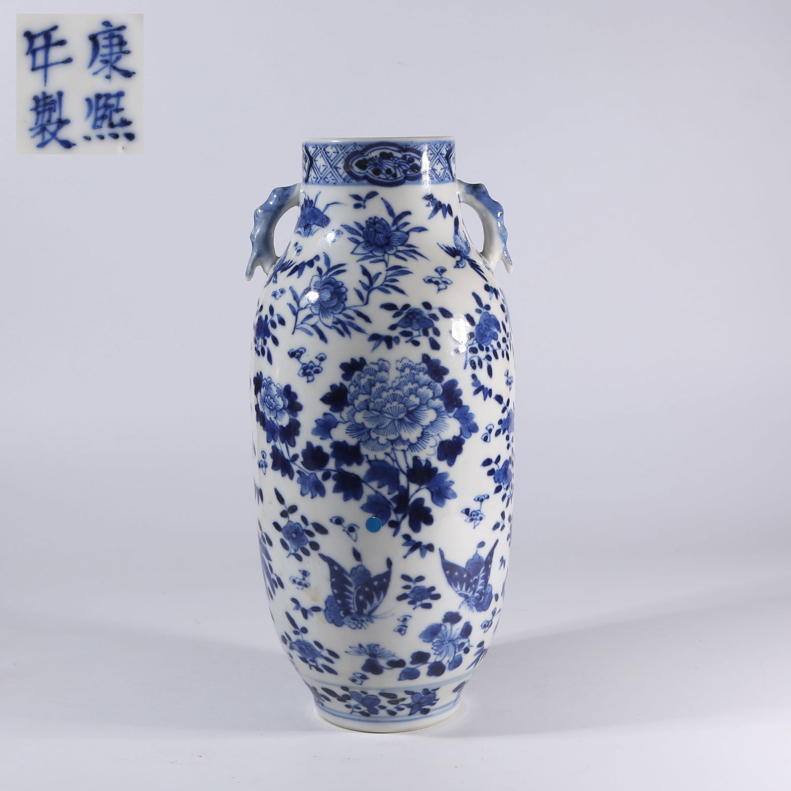 A BLUE-AND-WHITE VASE WITH FLOWER AND BUTTERFLY MOTIF (1 of 10)