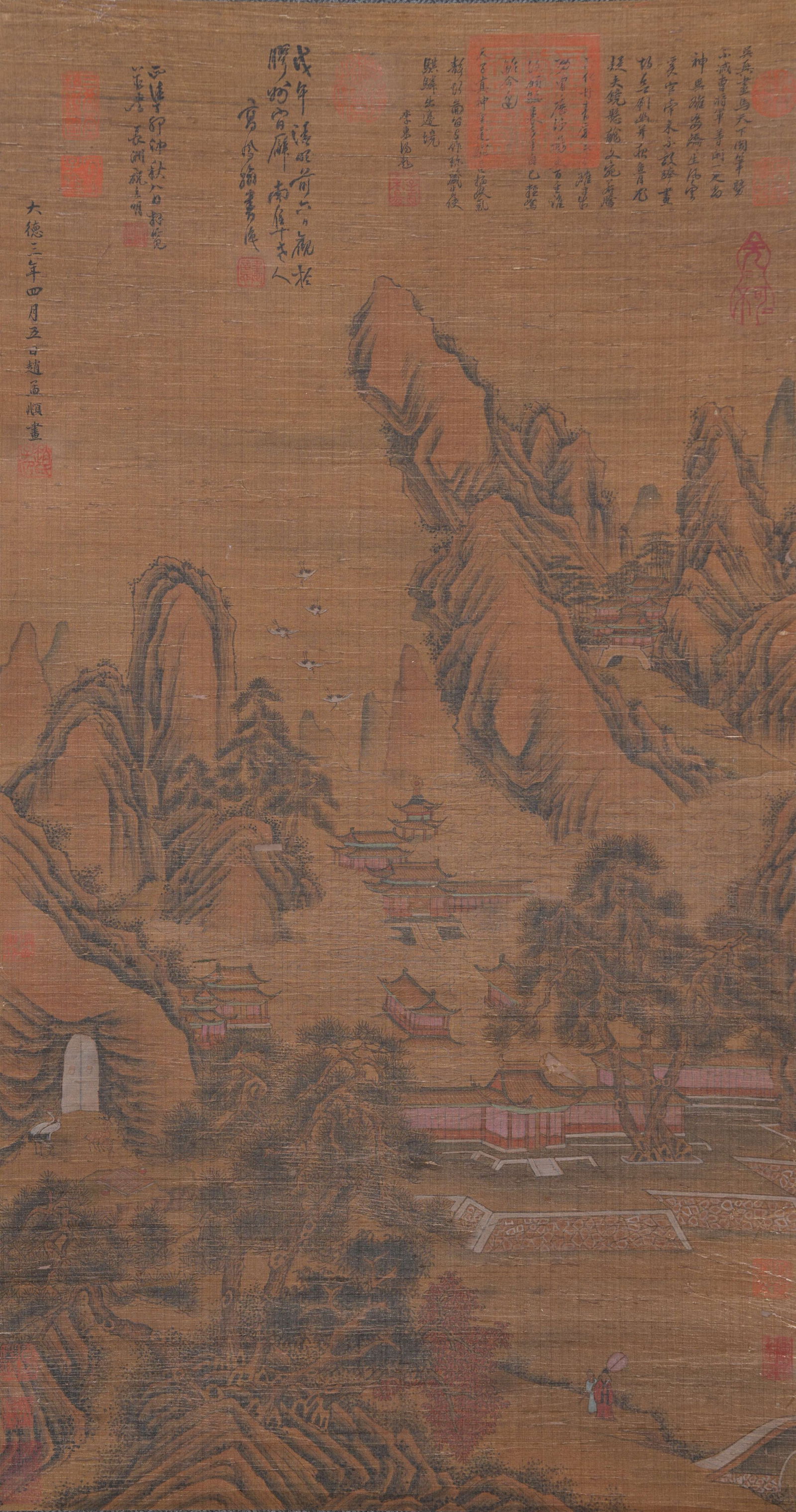 A LANDSCAPE WITH PAVILIONS PAINTING ON SILK BY ZHAO MENGFU.趙孟頫 (1 of 14)