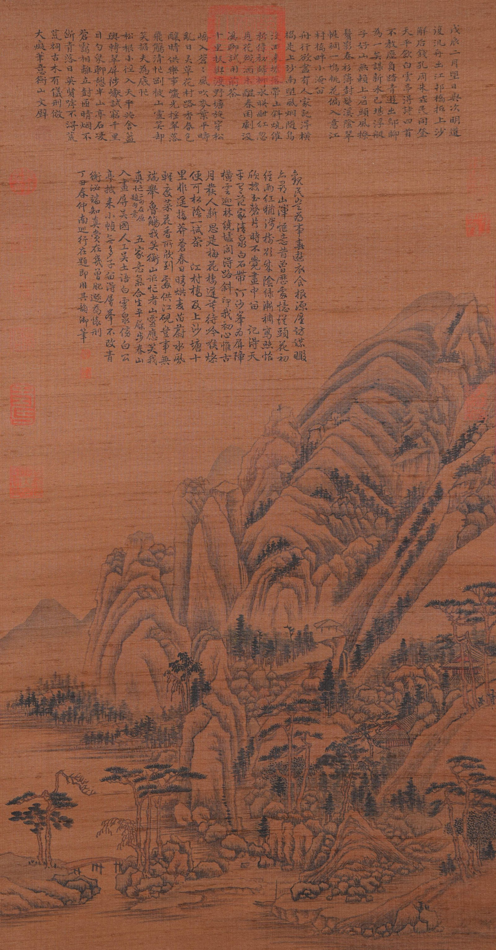 A LANDSCAPE PAINTING ON SILK BY WEN ZHENGMING.文徵明 (1 of 11)