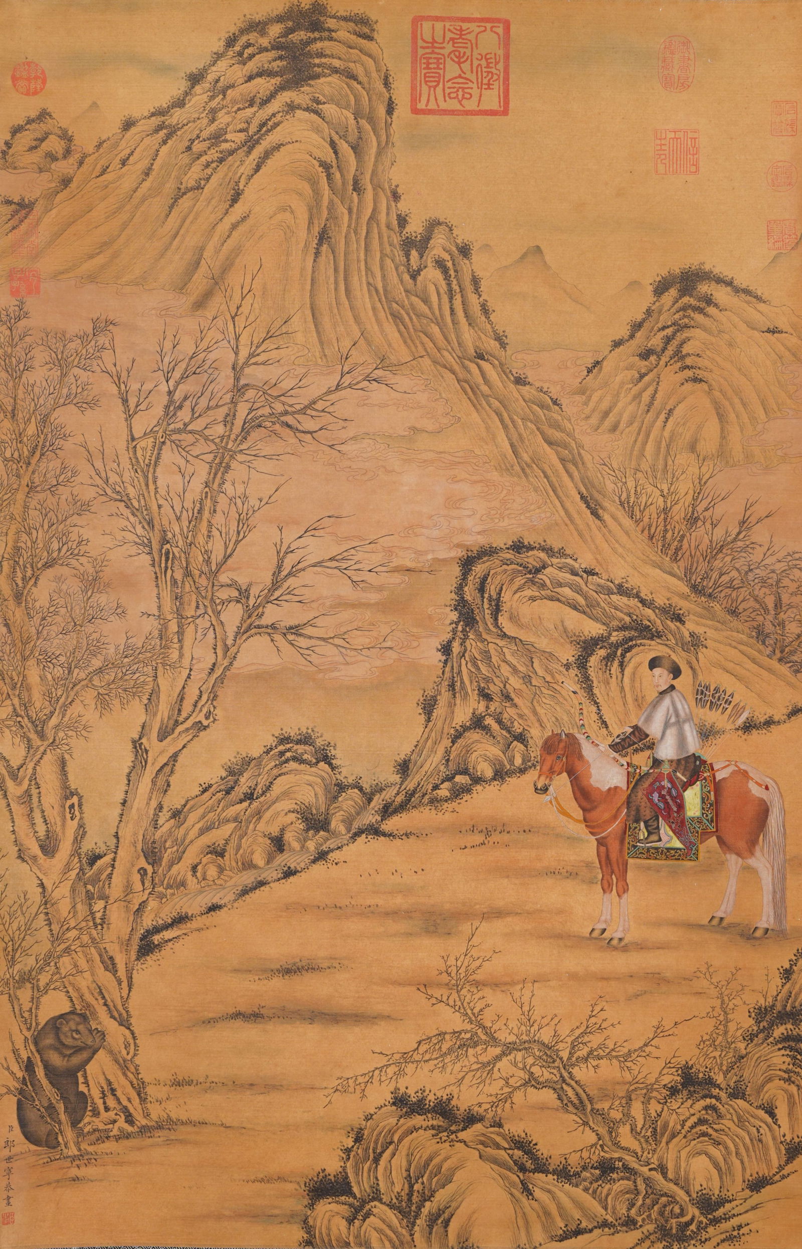 A HUNTING SCENE PAINTING ON SILK BY GIUSEPPE CASTIGLIONE (LANG SHINING).郎世寧: Hunting scene painting on silk by Giuseppe Castiglione (Lang Shining).郎世寧