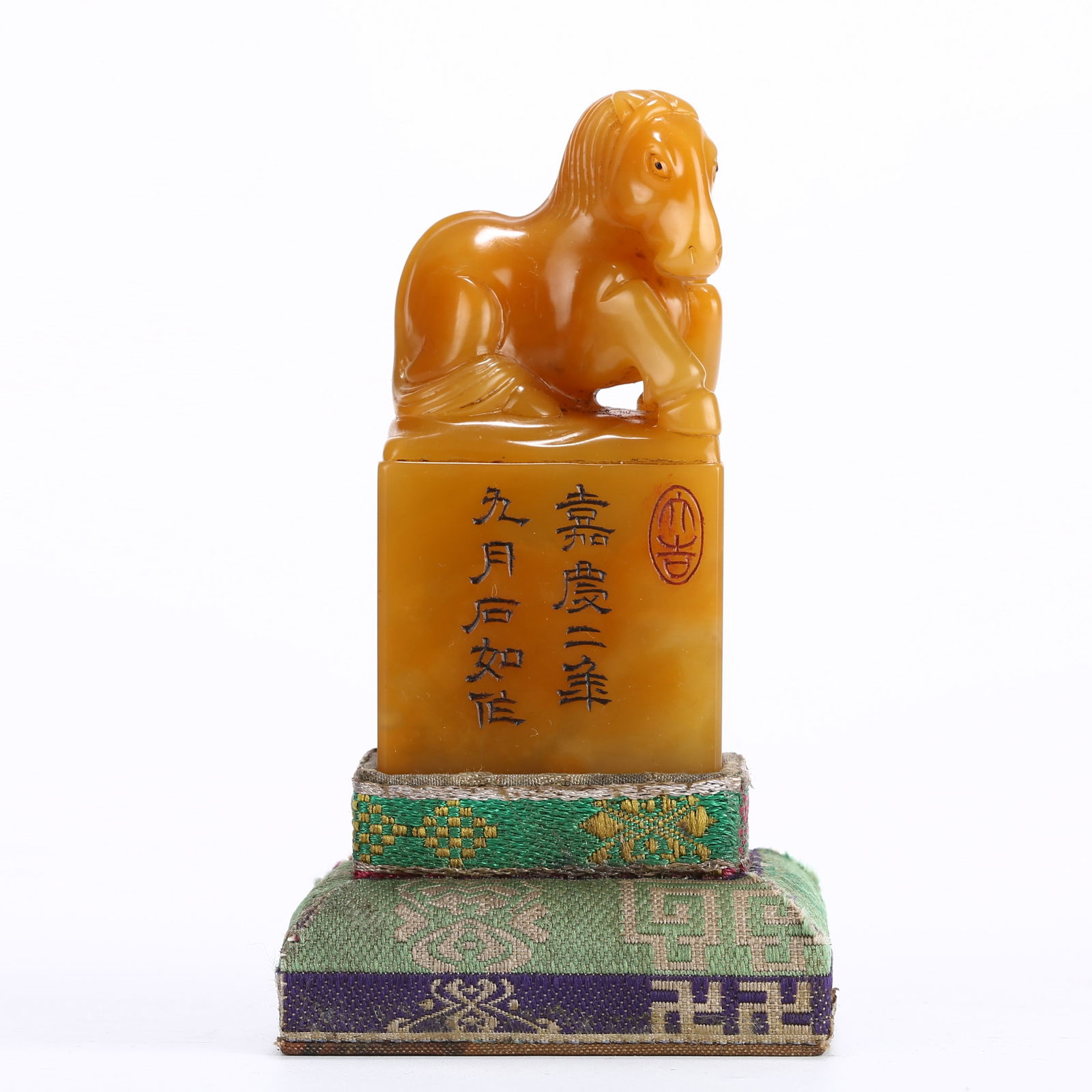 A SHOUSHAN TIANHUANG STONE SEAL WITH HORSE KNOB: Shoushan Tianhuang stone seal with horse knob