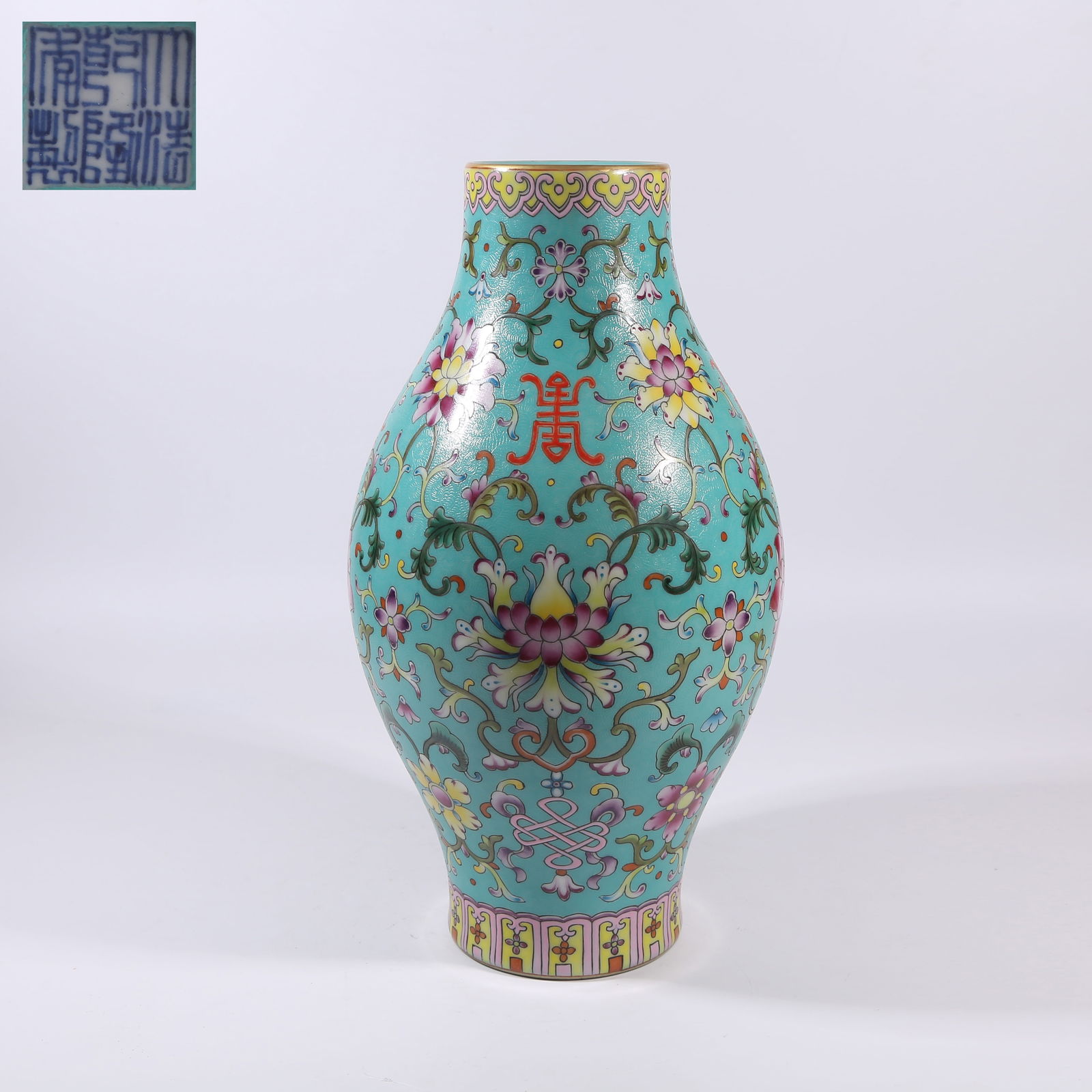 A TURQUOISE-GREEN GROUND INCISED AND PAINTED FOREIGN-ENAMEL OLIVE-SHAPED VASE WITH CONJOINED LOTUS (1 of 10)