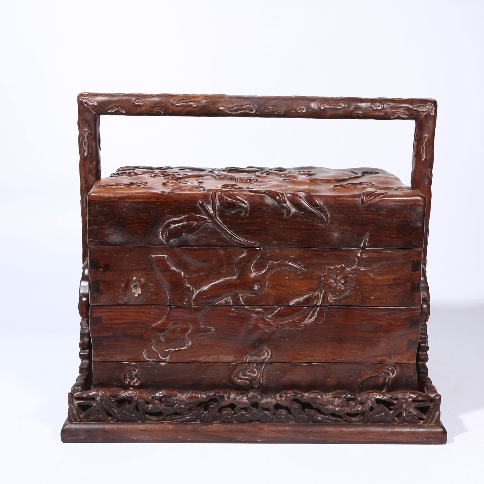 A HUANGHUALI WOOD HAND-CARRIED COVERED BOX WITH BUDDHA'S HAND MOTIF (1 of 9)