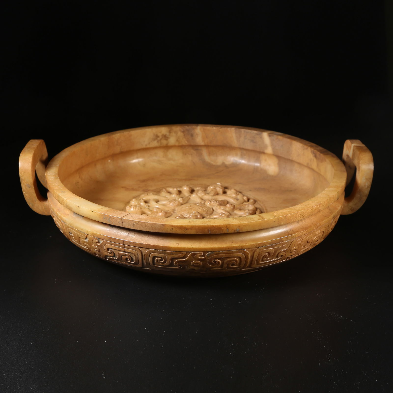 A PRE-HAN ANCIENT JADE ZUN AND DISH WITH CHILONG PATTERN (1 of 11)