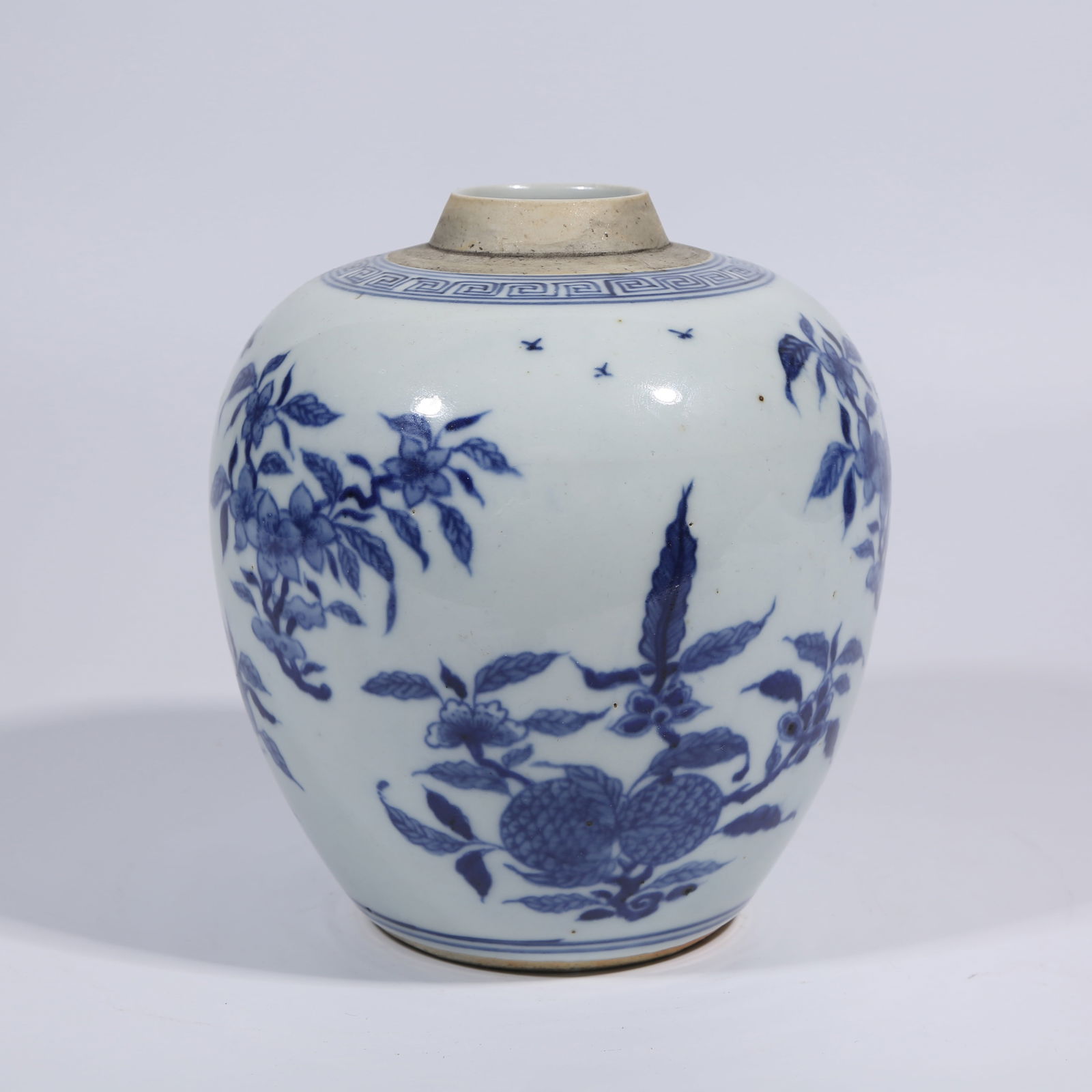 A BLUE-AND-WHITE JAR WITH FLORAL AND BUTTERFLY PATTERN (1 of 9)