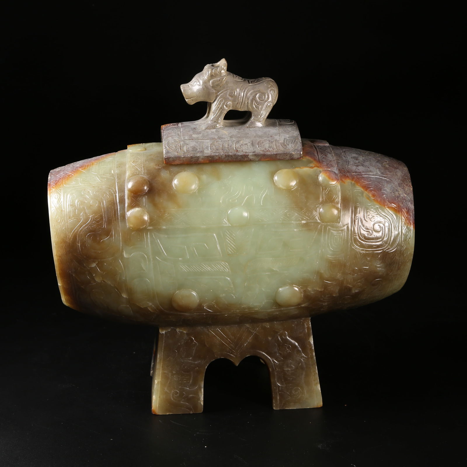 A PRE-HAN ANCIENT JADE DRUM-SHAPED CENSER WITH TAOTIE PATTERN (1 of 9)