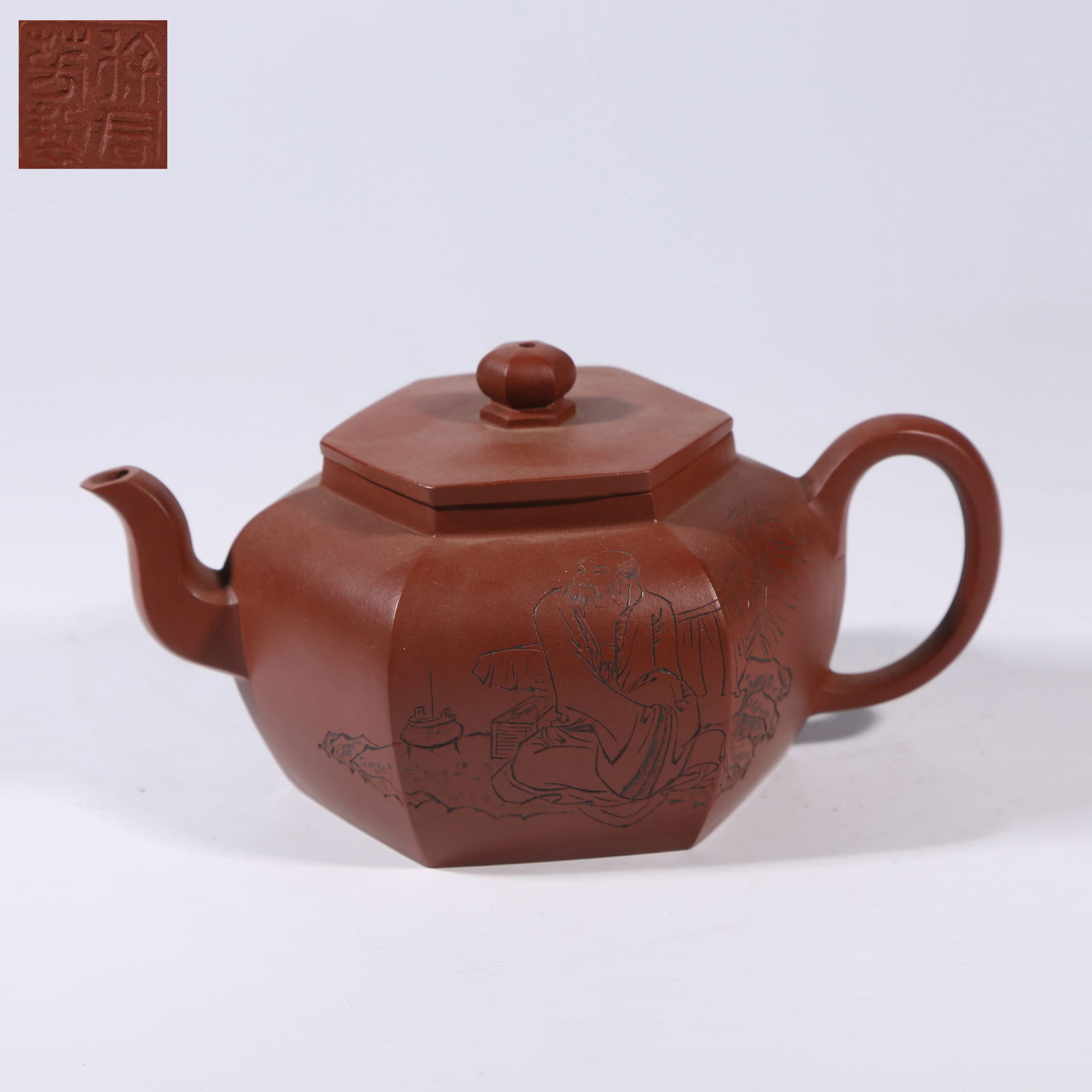 A ZISHA HEXAGONAL TEAPOT WITH ARHAT MOTIF (1 of 9)