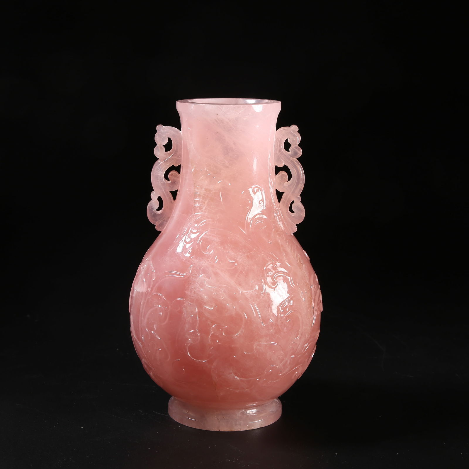 A QING DYNASTY FURONG STONE DOUBLE-HANDLED VASE WITH DRAGON AND PHOENIX PATTERN: Qing Dynasty Furong Stone Double-Handled Vase with Dragon and Phoenix Pattern