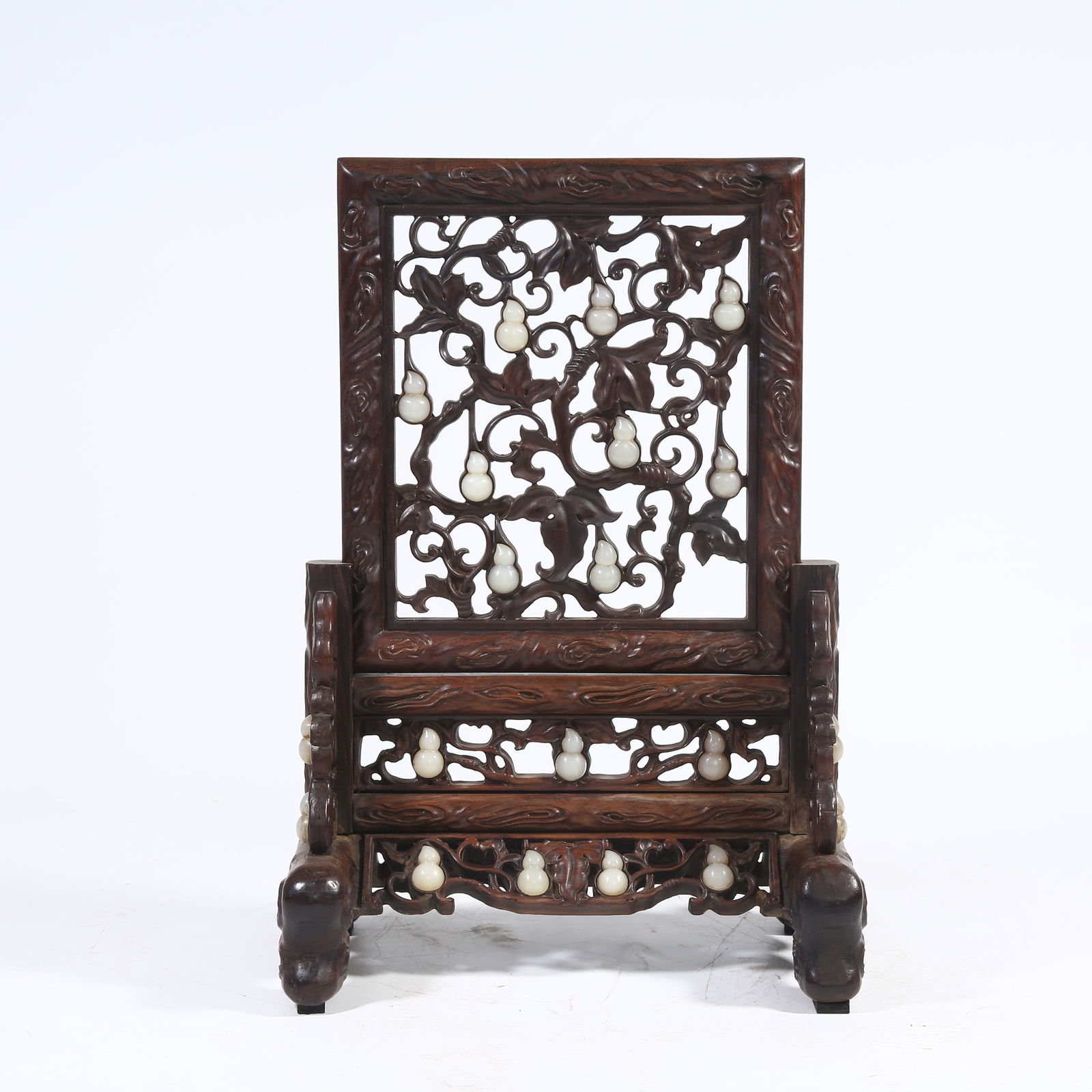A ZITAN WOOD TABLE SCREEN INLAID WITH HETIAN JADE "BLESSINGS, PROSPERITY, AND LONGEVITY" (1 of 8)