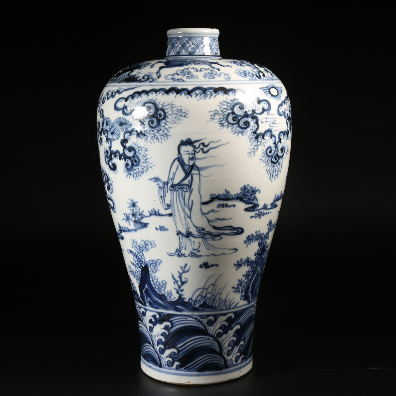 A MING DYNASTY EARLY PERIOD BLUE-AND-WHITE SCHOLAR UNDER PINE PATTERN MEIPING VASE (1 of 10)