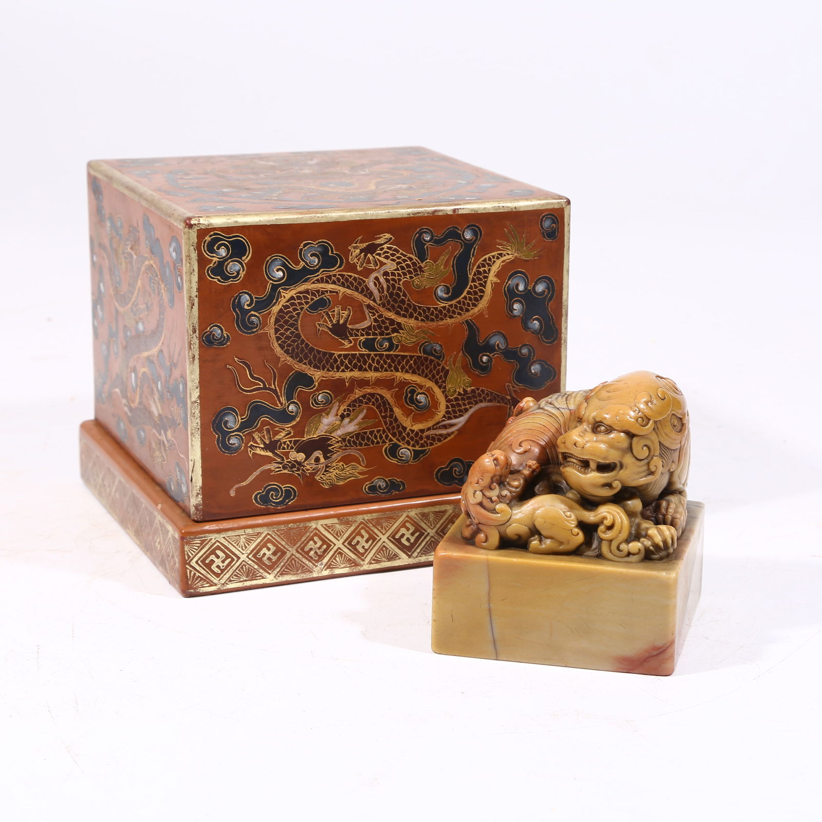 A SHOUSHAN STONE SEAL WITH AUSPICIOUS BEAST FINIAL: Shoushan Stone Seal with Auspicious Beast Finial