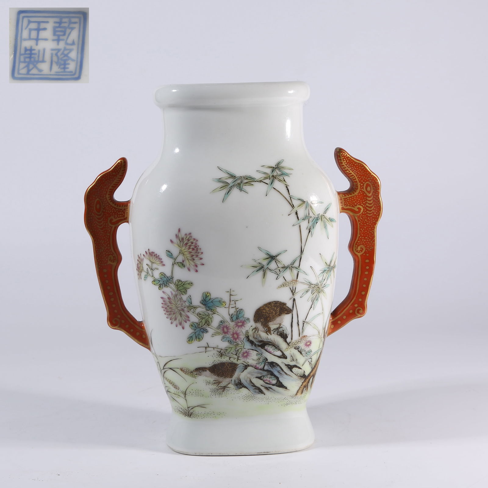 A ENAMEL WINE VESSEL (ZUN) WITH BEAST HANDLES AND FLOWER-AND-BIRD MOTIF: Enamel Wine Vessel (Zun) with Beast Handles and Flower-and-Bird Motif