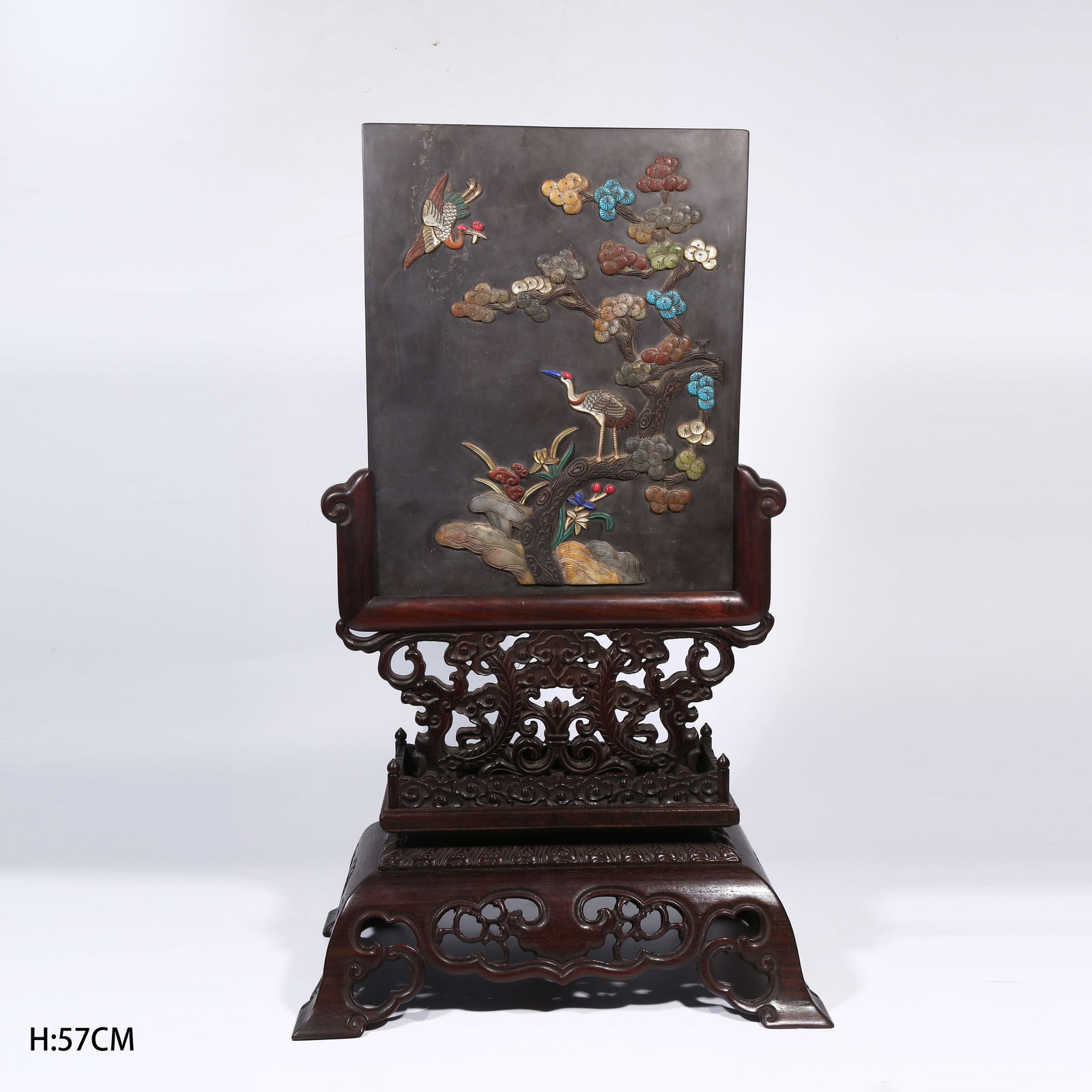 A HUANGHUALI WOOD TABLE SCREEN WITH PRECIOUS INLAYS, PINE AND CRANE SYMBOLIZING LONGEVITY (1 of 8)