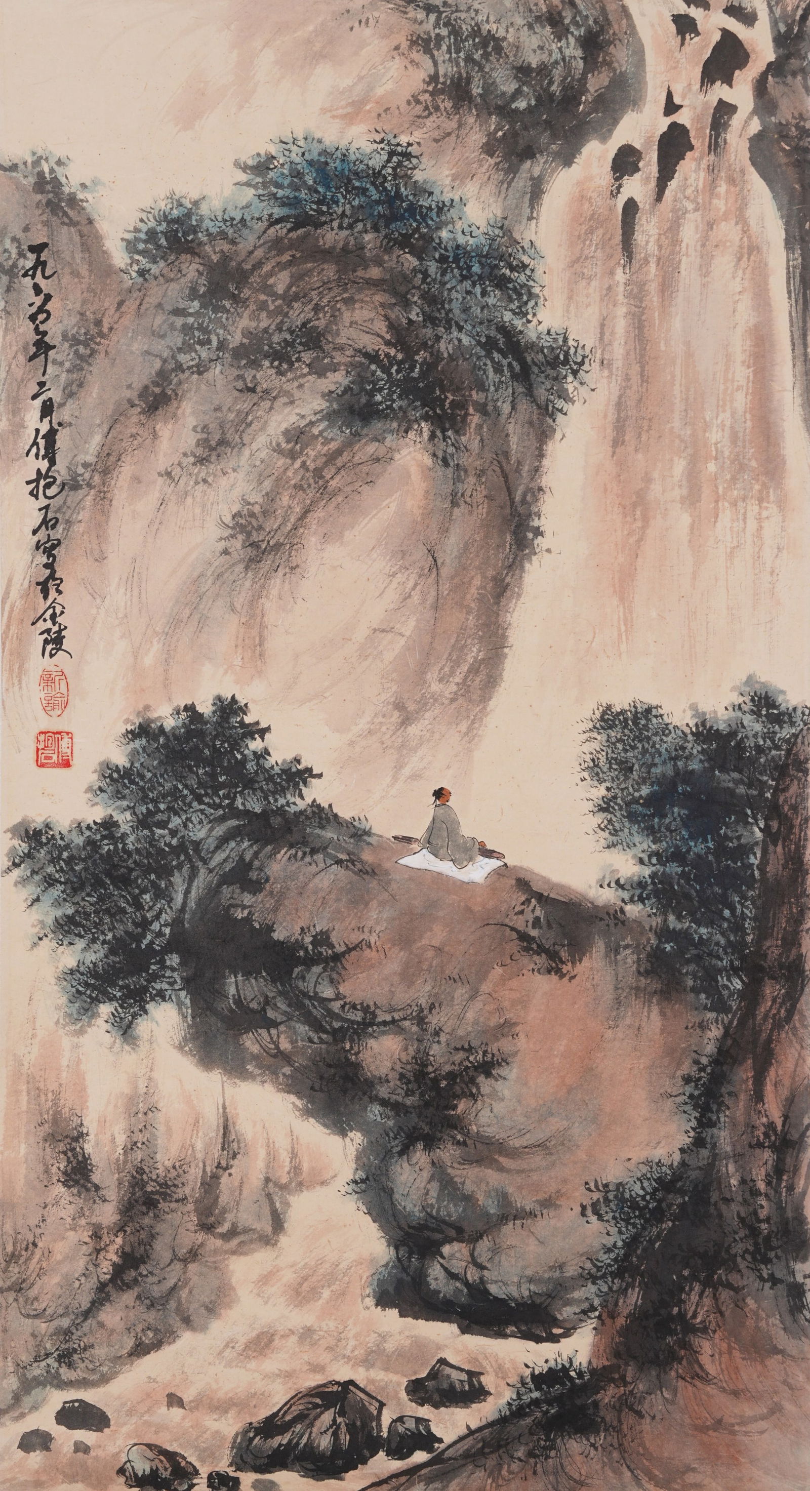 A WATERFALL-VIEWING SCENE PAINTING ON PAPER BY FU BAOSHI.傅抱石: Waterfall-Viewing Scene Painting on Paper by Fu Baoshi.傅抱石