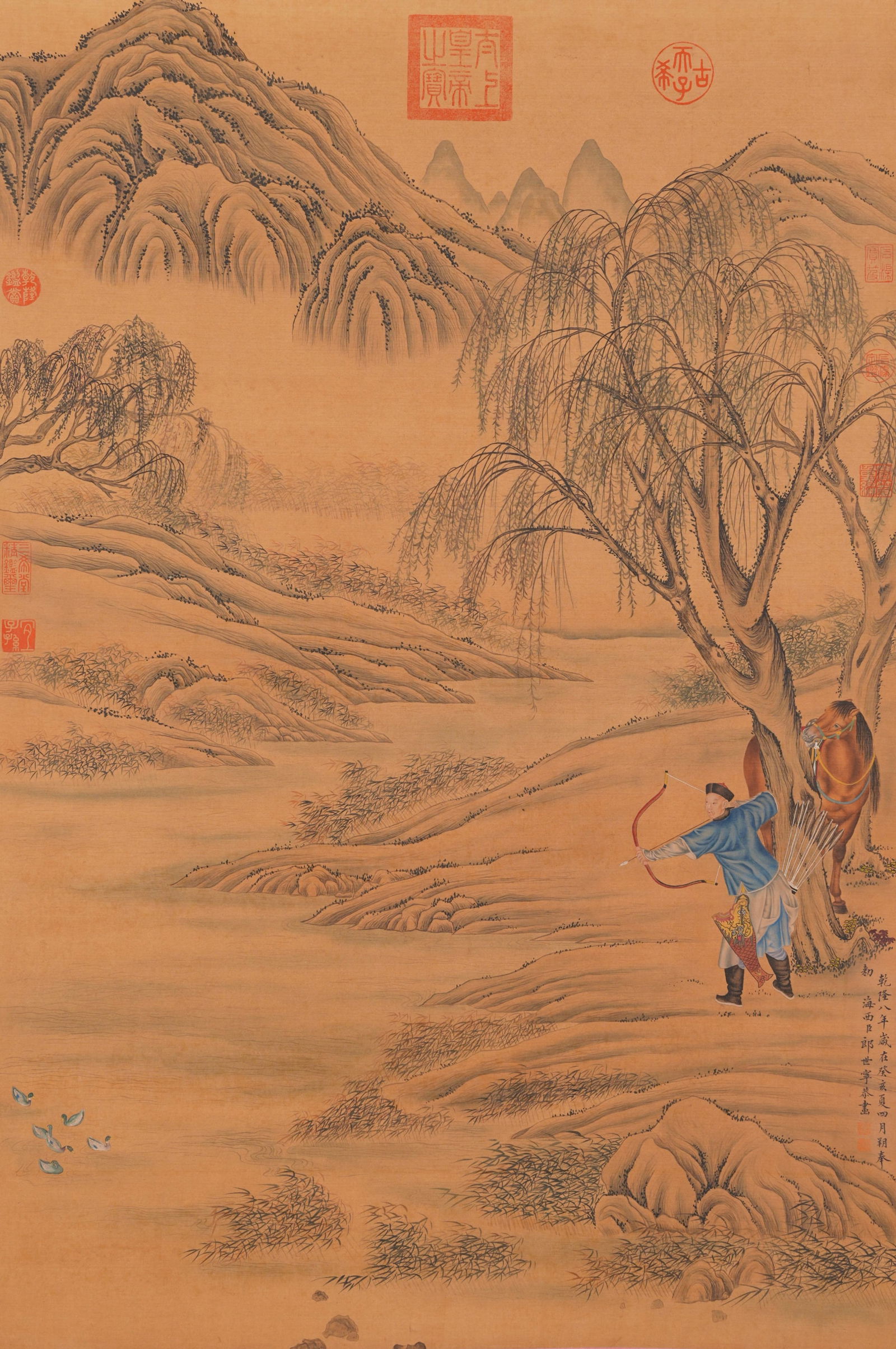 A HUNTING SCENE PAINTING ON SILK BY GIUSEPPE CASTIGLIONE (LANG SHINING).郎世寧: Hunting scene painting on silk by Giuseppe Castiglione (Lang Shining).郎世寧