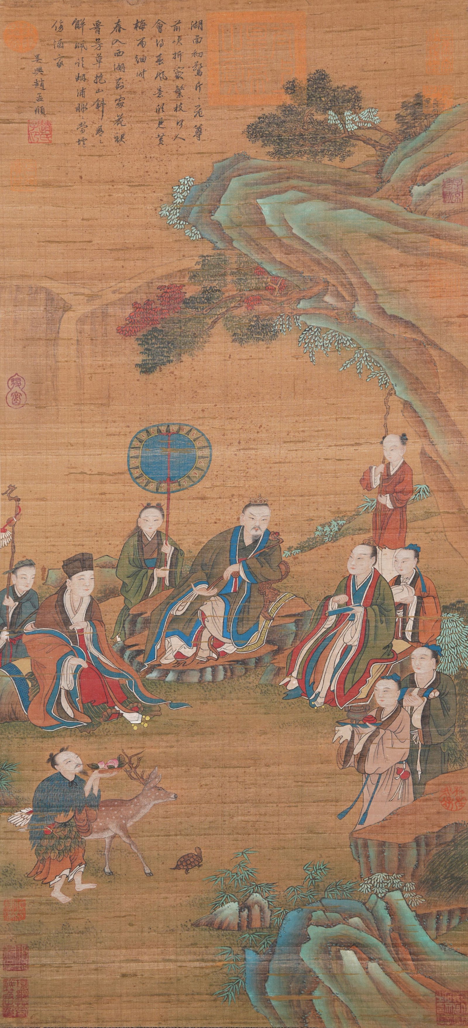 A NARRATIVE FIGURE PAINTING ON SILK BY ZHAO MENGFU.趙孟頫: Narrative Figure Painting on Silk by Zhao Mengfu.趙孟頫