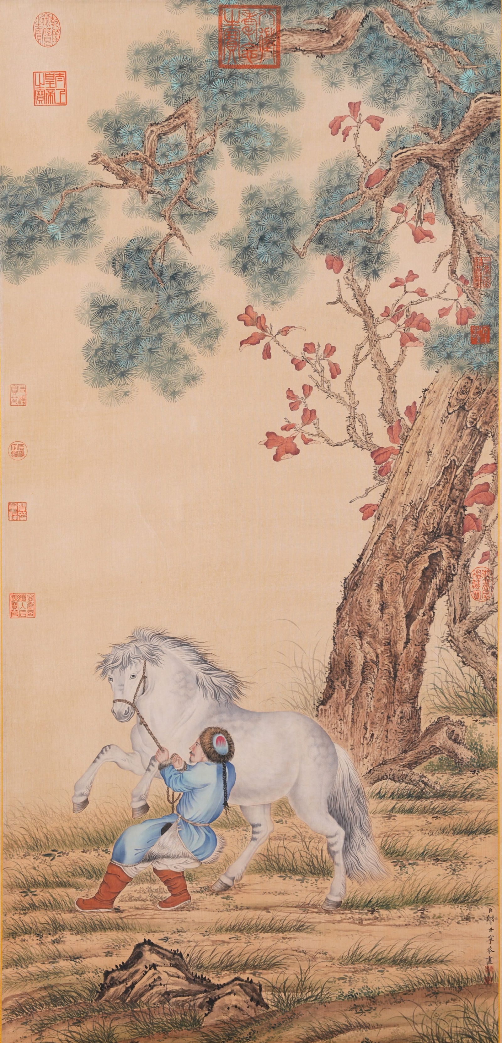 A HORSE AND FIGURE PAINTING ON SILK BY GIUSEPPE CASTIGLIONE (LANG SHINING).郎世寧 (1 of 12)