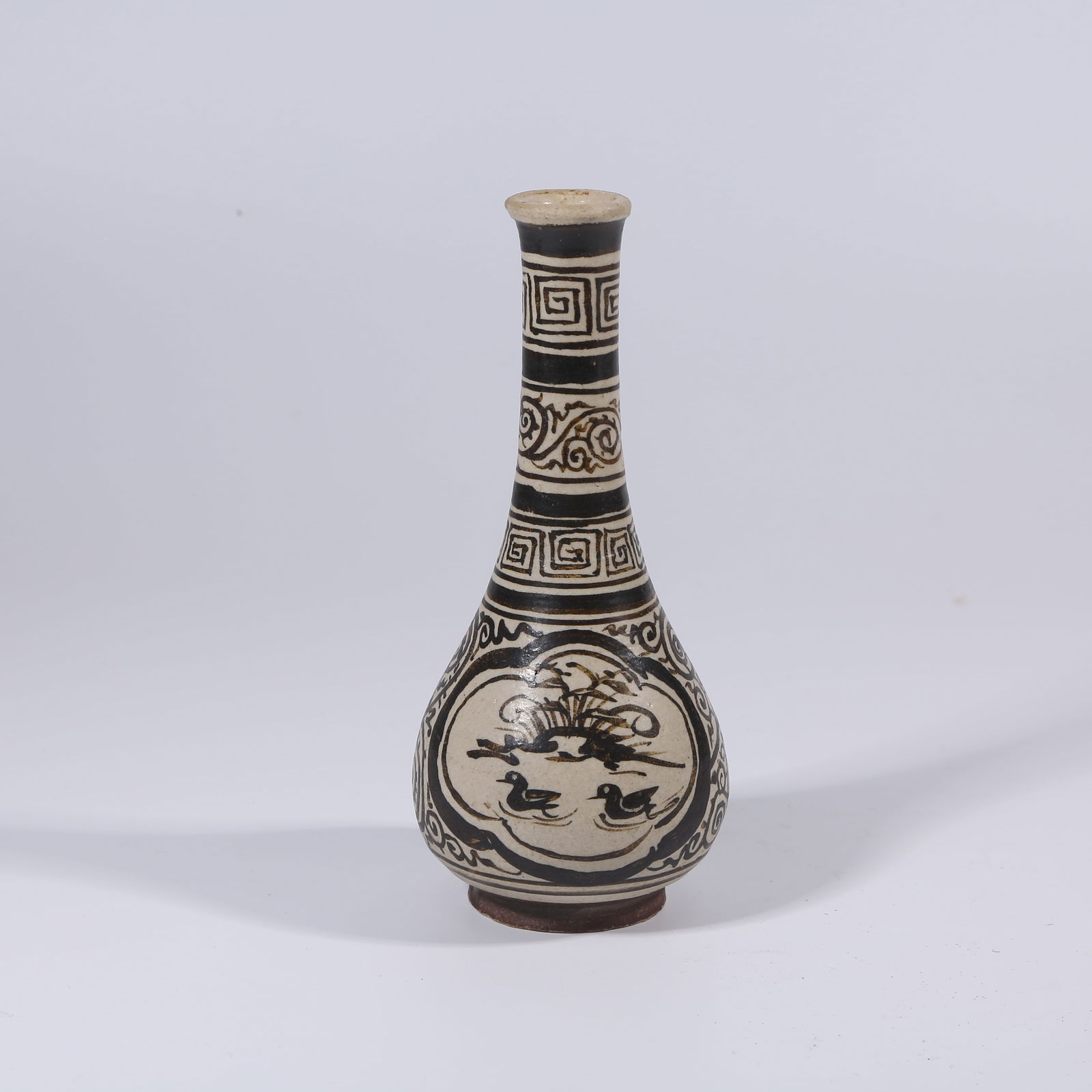 A CIZHOU KILN LONG-NECK VASE WITH LOTUS POND AND MANDARIN DUCK PATTERN: Cizhou Kiln Long-Neck Vase with Lotus Pond and Mandarin Duck Pattern