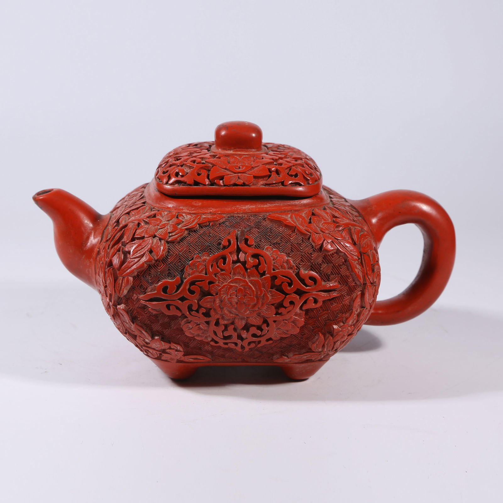 A ZISHA CARVED RED LACQUER TEAPOT WITH FLOWER MOTIF (1 of 9)