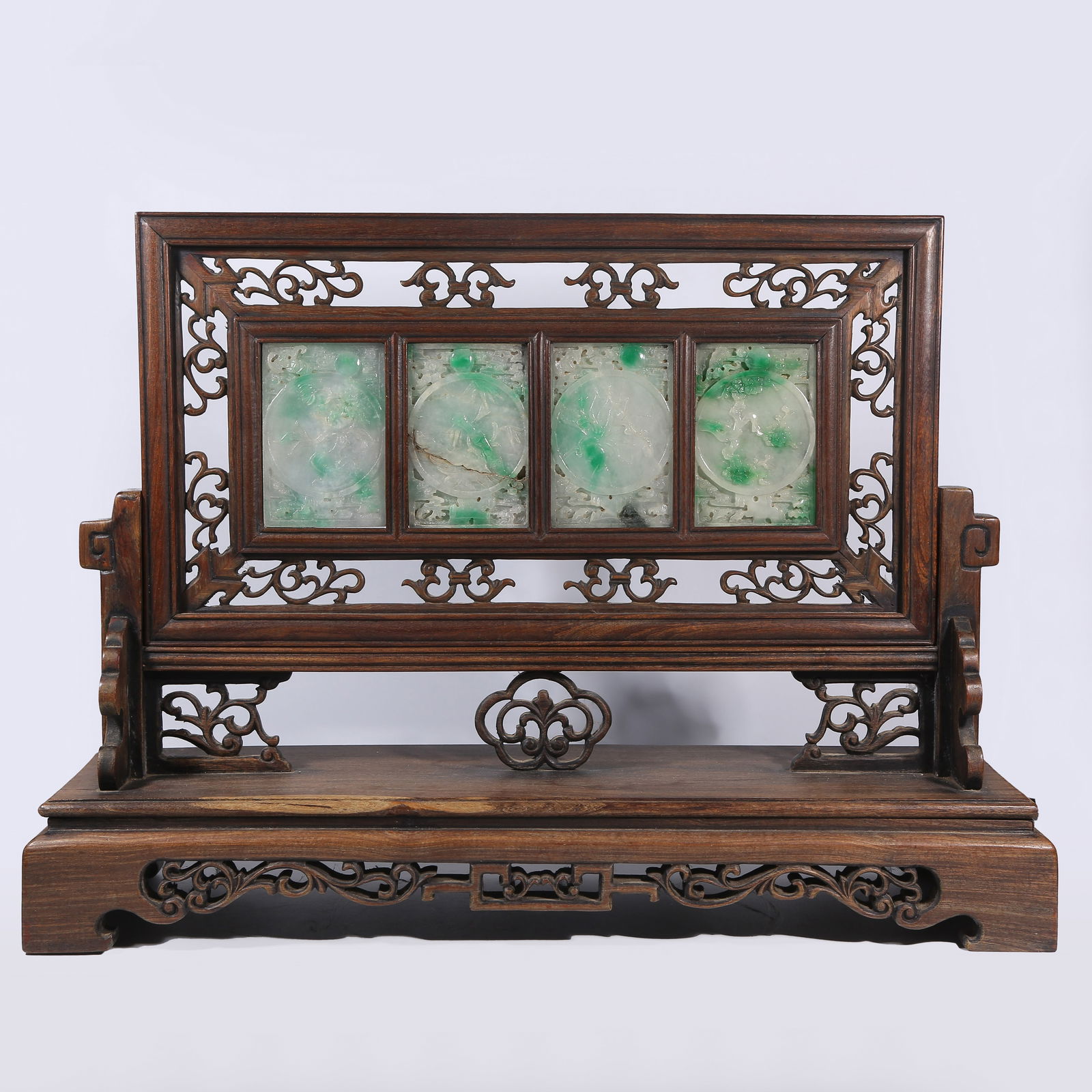 A HUANGHUALI WOOD TABLE SCREEN INLAID WITH JADE, FEATURING FLOWER MOTIFS (1 of 9)