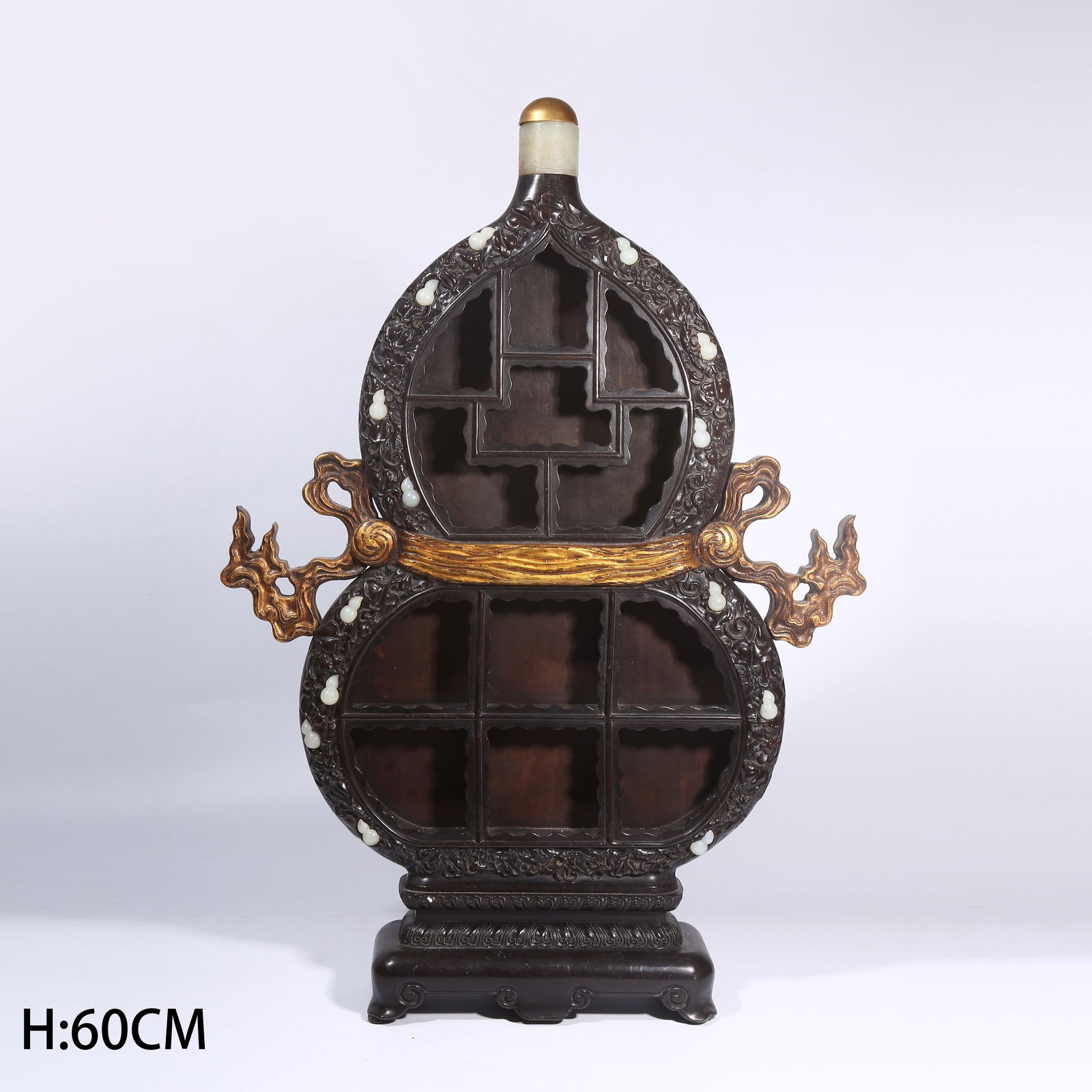 A ZITAN WOOD MULTI-COMPARTMENT BOX INLAID WITH HETIAN JADE, GOURD-SHAPED: Zitan Wood Multi-Compartment Box Inlaid with Hetian Jade, Gourd-Shaped