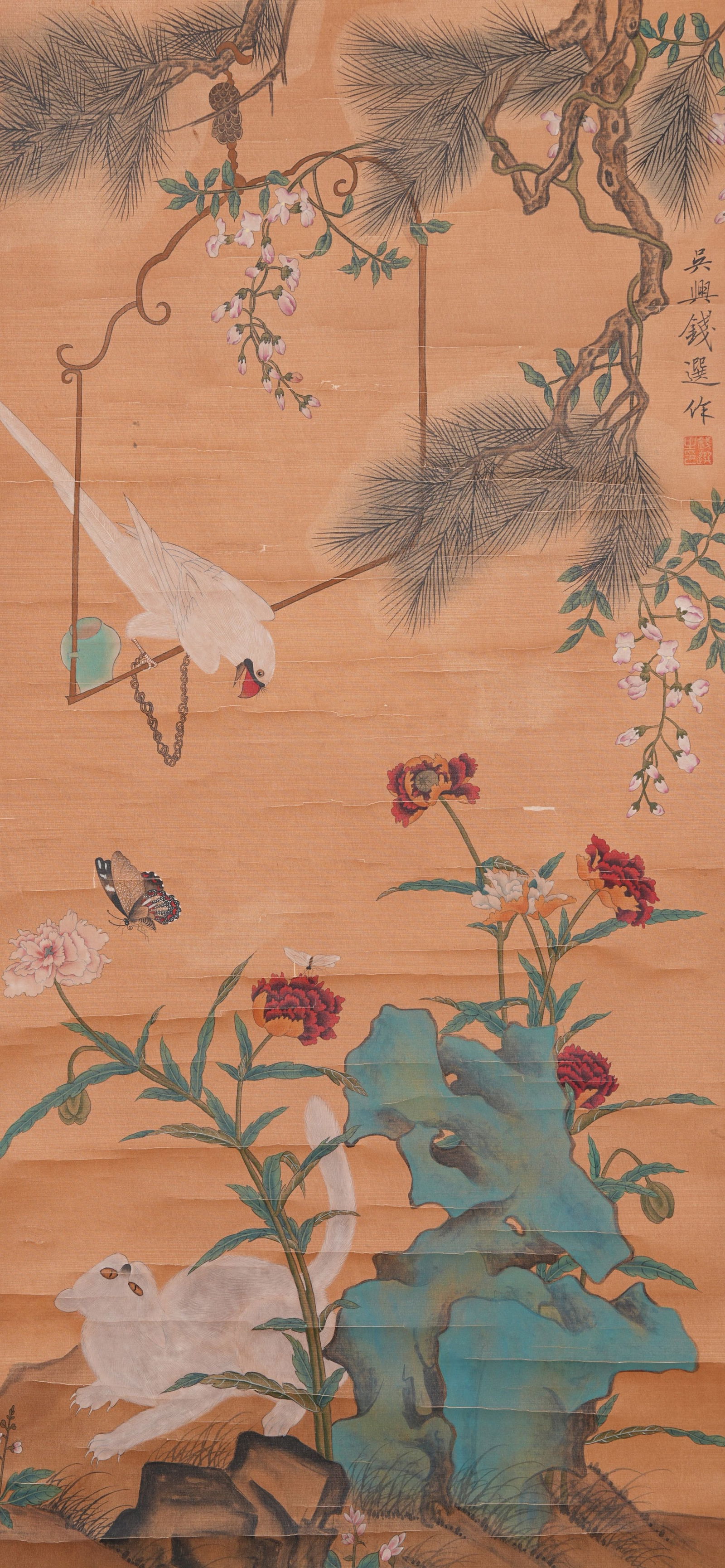 A FLOWER-AND-BIRD PAINTING ON SILK BY QIAN XUAN.錢選 (1 of 10)