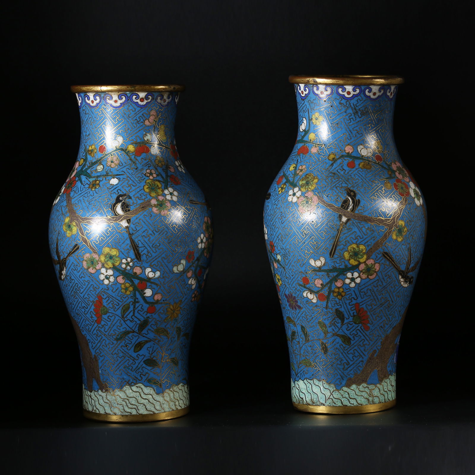 A QING DYNASTY GILT-BRONZE CLOISONNE ENAMEL OLIVE VASE WITH "HAPPY COUPLE" PATTERN, SET (1 of 11)