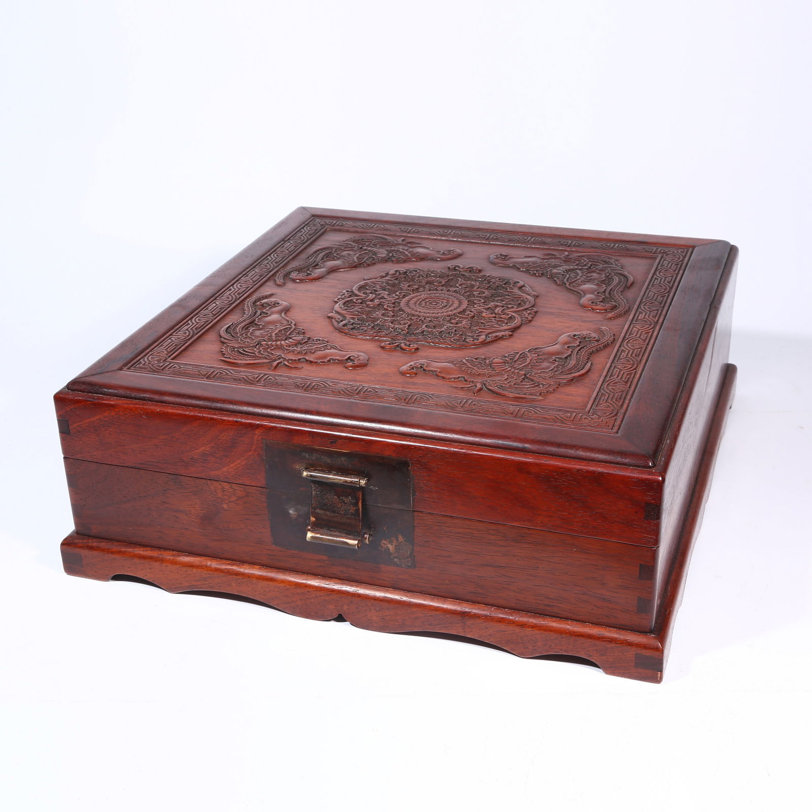 A HUANGHUALI WOOD MULTI-COMPARTMENT COVERED BOX WITH FLOWER AND BUTTERFLY MOTIF (1 of 10)