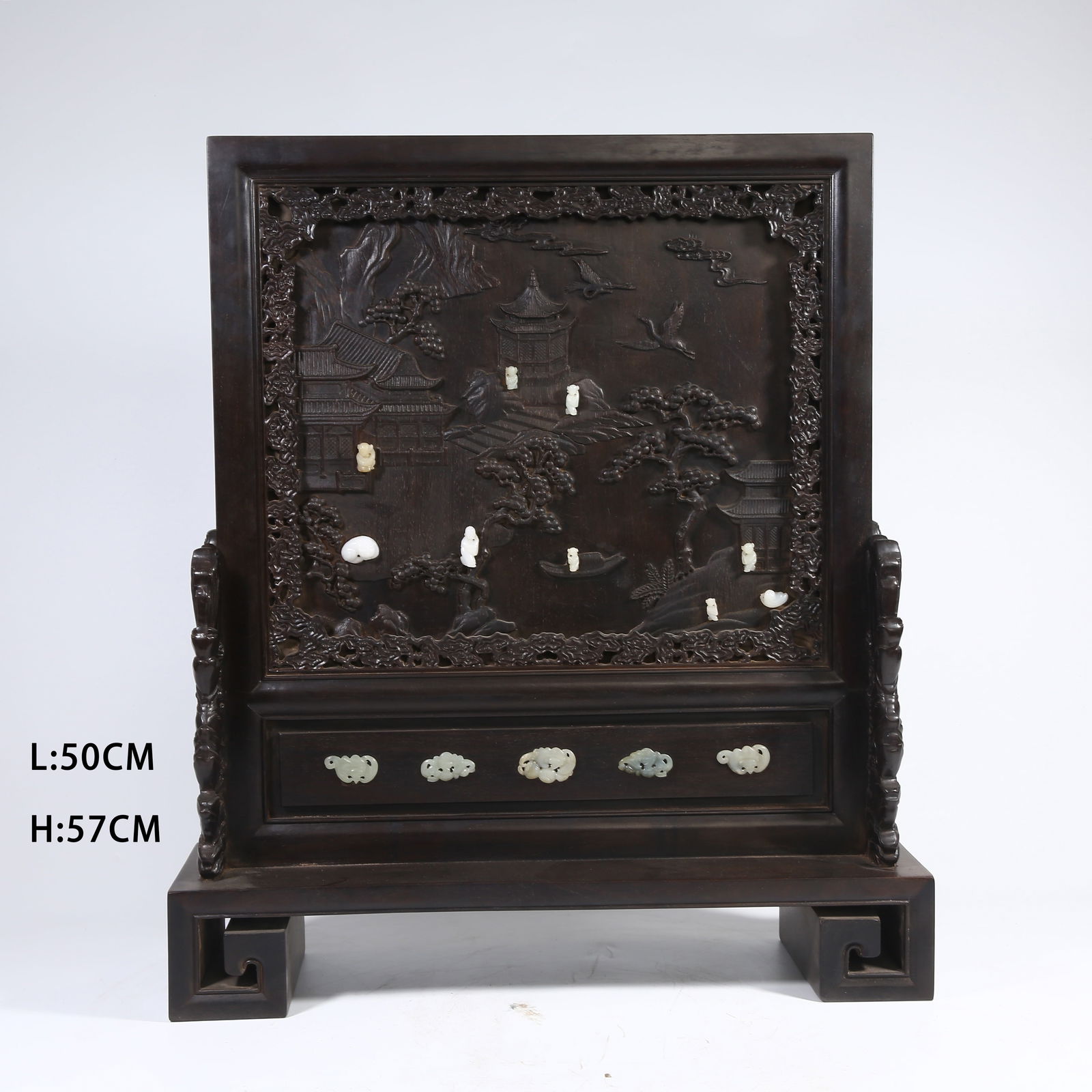 A ZITAN WOOD TABLE SCREEN INLAID WITH HETIAN JADE LANDSCAPE AND PAVILION MOTIF (1 of 9)