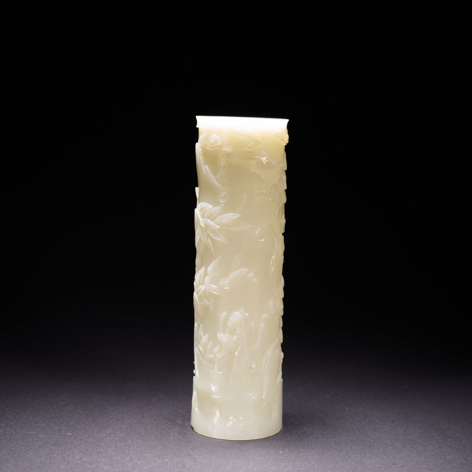 A HETIAN JADE INCENSE TUBE WITH LANDSCAPE AND FIGURE DECORATION, QING DYNASTY (1 of 9)
