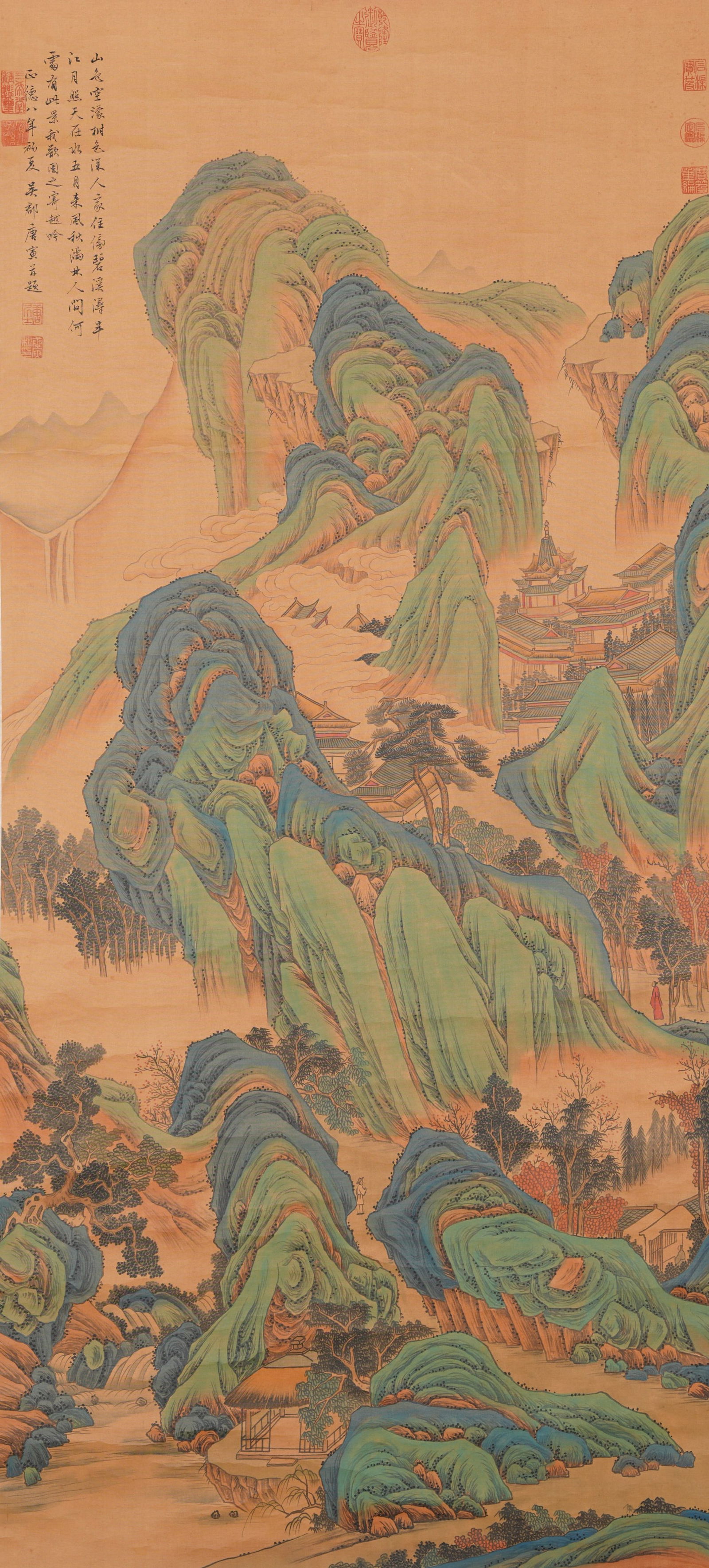 A LANDSCAPE WITH PAVILIONS PAINTING ON SILK BY TANG BOHU.唐伯虎 (1 of 11)