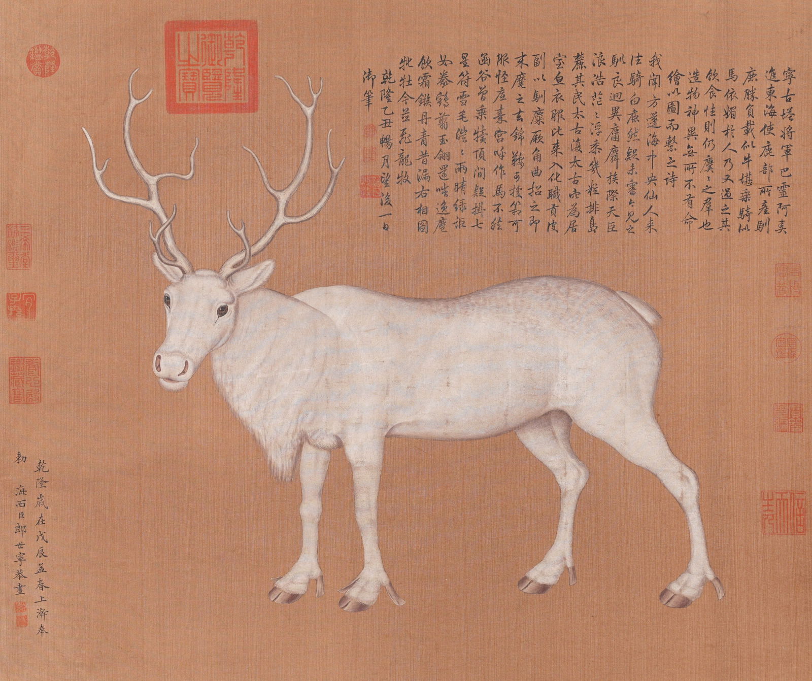 A DEER PAINTING ON SILK BY GIUSEPPE CASTIGLIONE (LANG SHINING).郎世寧: Deer painting on silk by Giuseppe Castiglione (Lang Shining).郎世寧