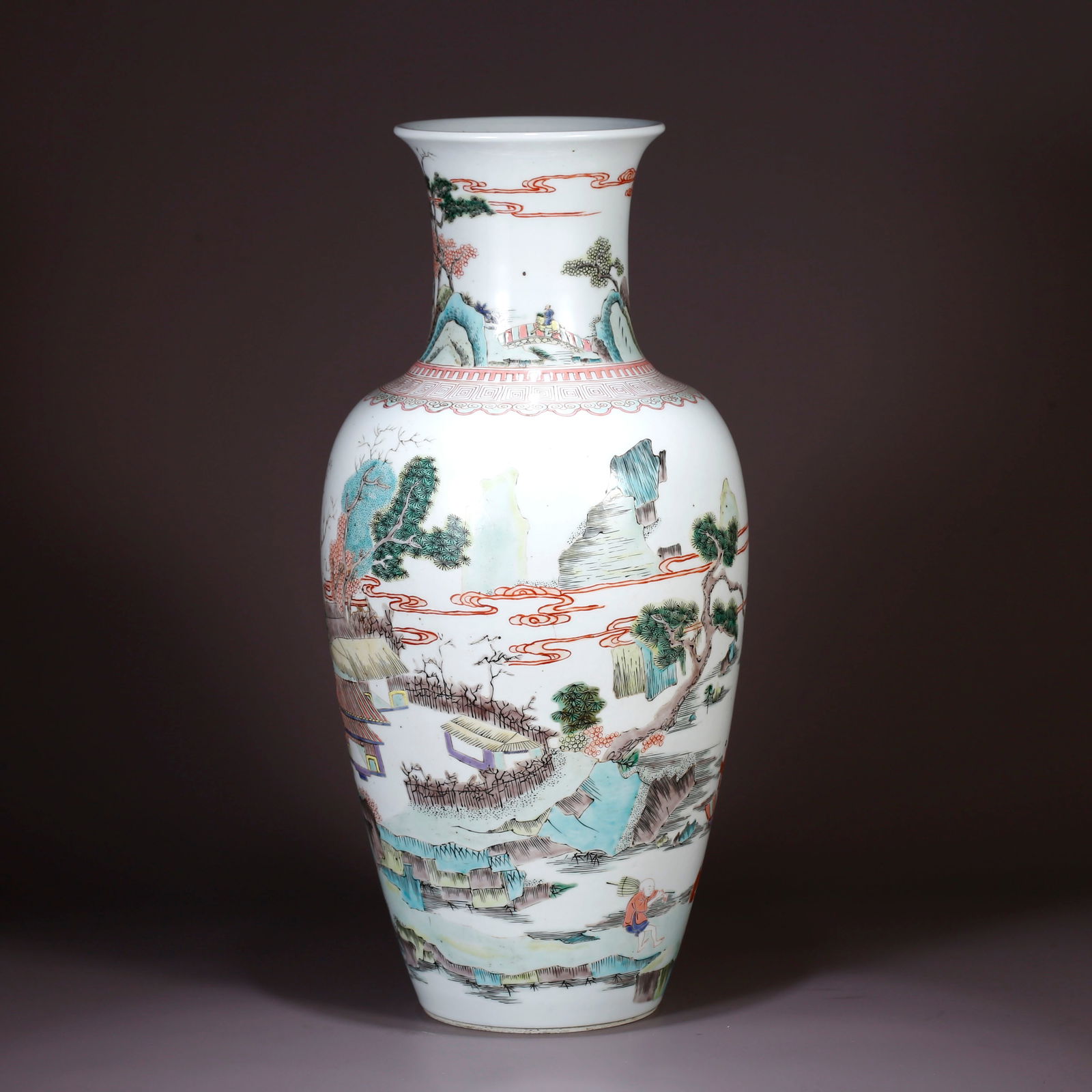 A FAMILLE ROSE LANDSCAPE AND FIGURE PATTERN MALLET VASE (1 of 10)