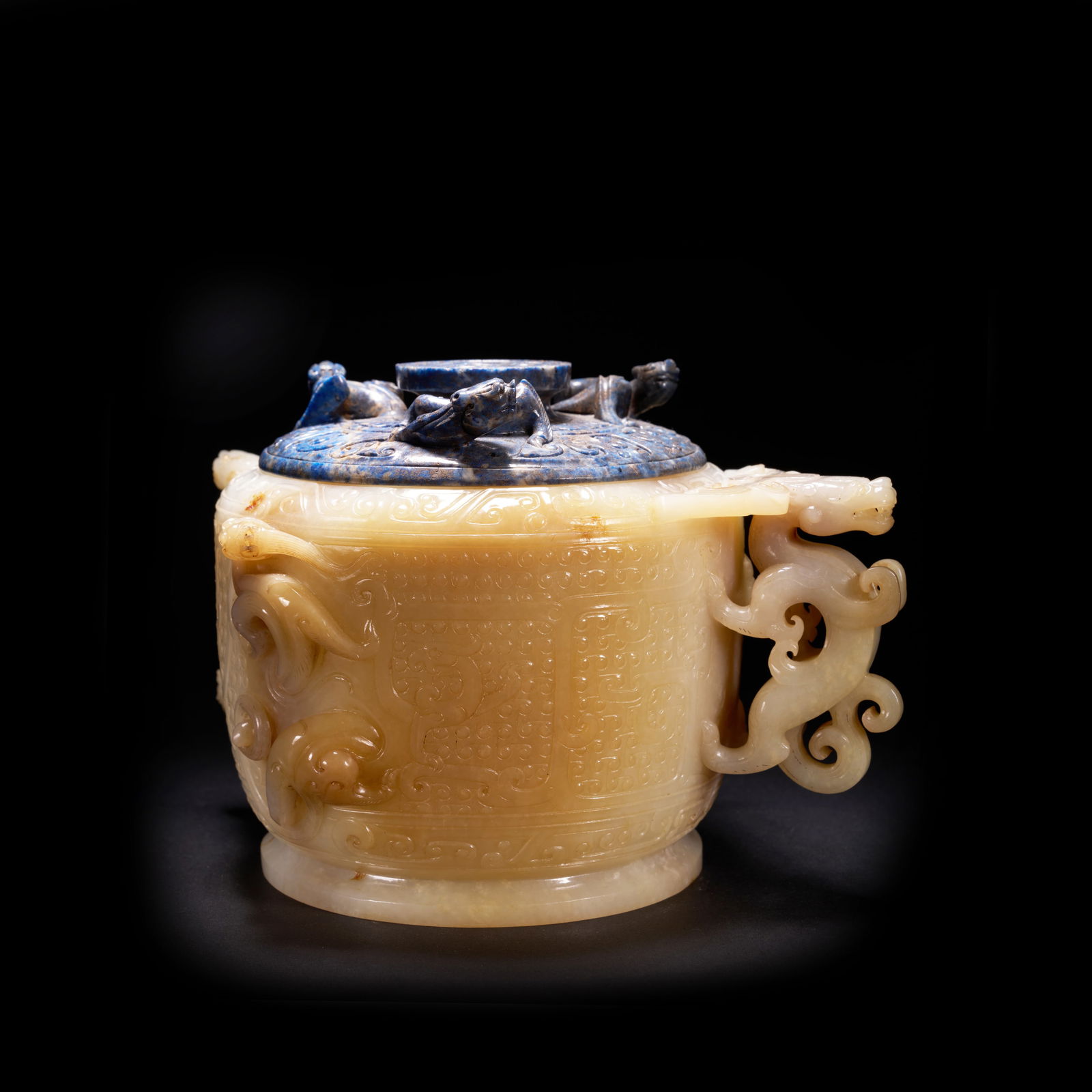 A HETIAN JADE LIDDED CENSER WITH CHI-DRAGON MOTIFS AND A LAPIS LAZULI LID, HAN DYNASTY (1 of 11)