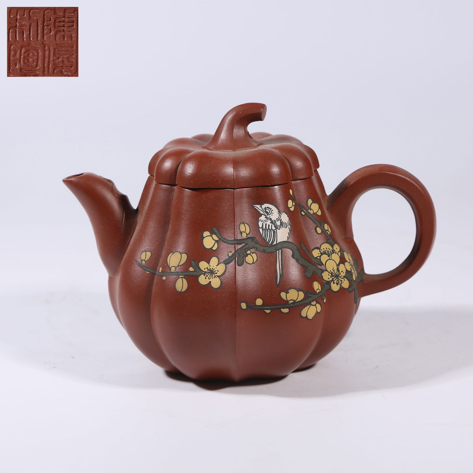 A ZISHA GOURD-RIBBED TEAPOT WITH FLOWER-AND-BIRD MOTIF (1 of 9)