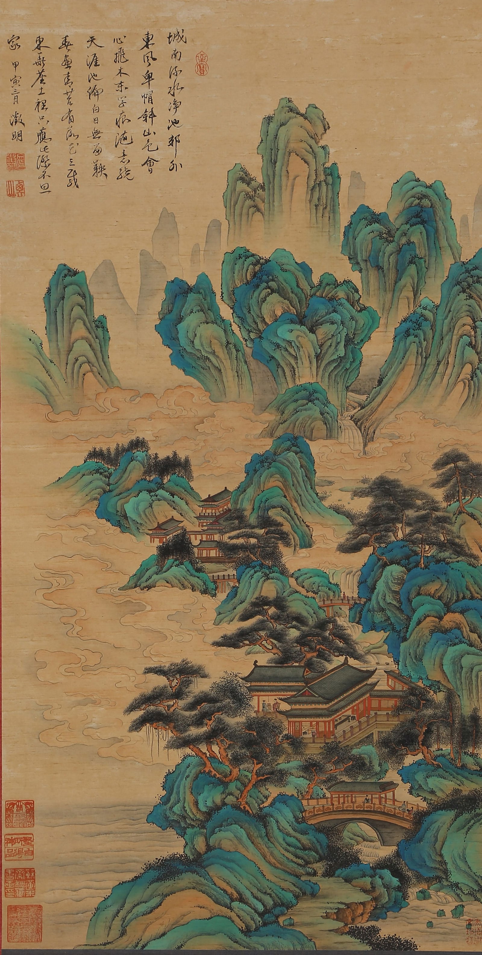 A LANDSCAPE WITH PAVILIONS PAINTING ON SILK BY WEN ZHENGMING.文徵明: Landscape with Pavilions Painting on Silk by Wen Zhengming.文徵明