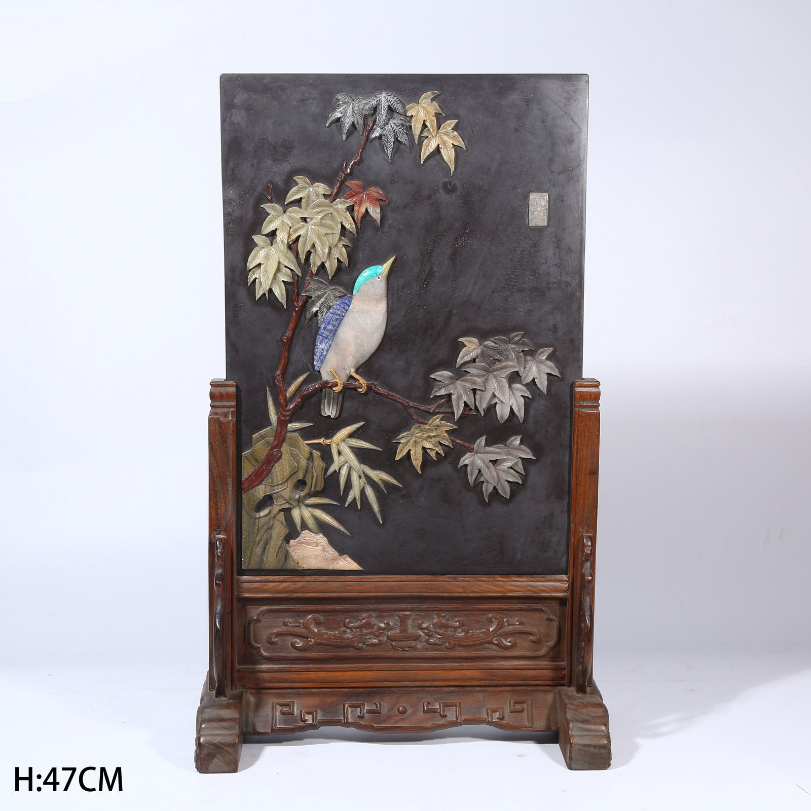 A HUANGHUALI WOOD TABLE SCREEN WITH PRECIOUS INLAYS, FLOWER AND BIRD MOTIF (1 of 8)