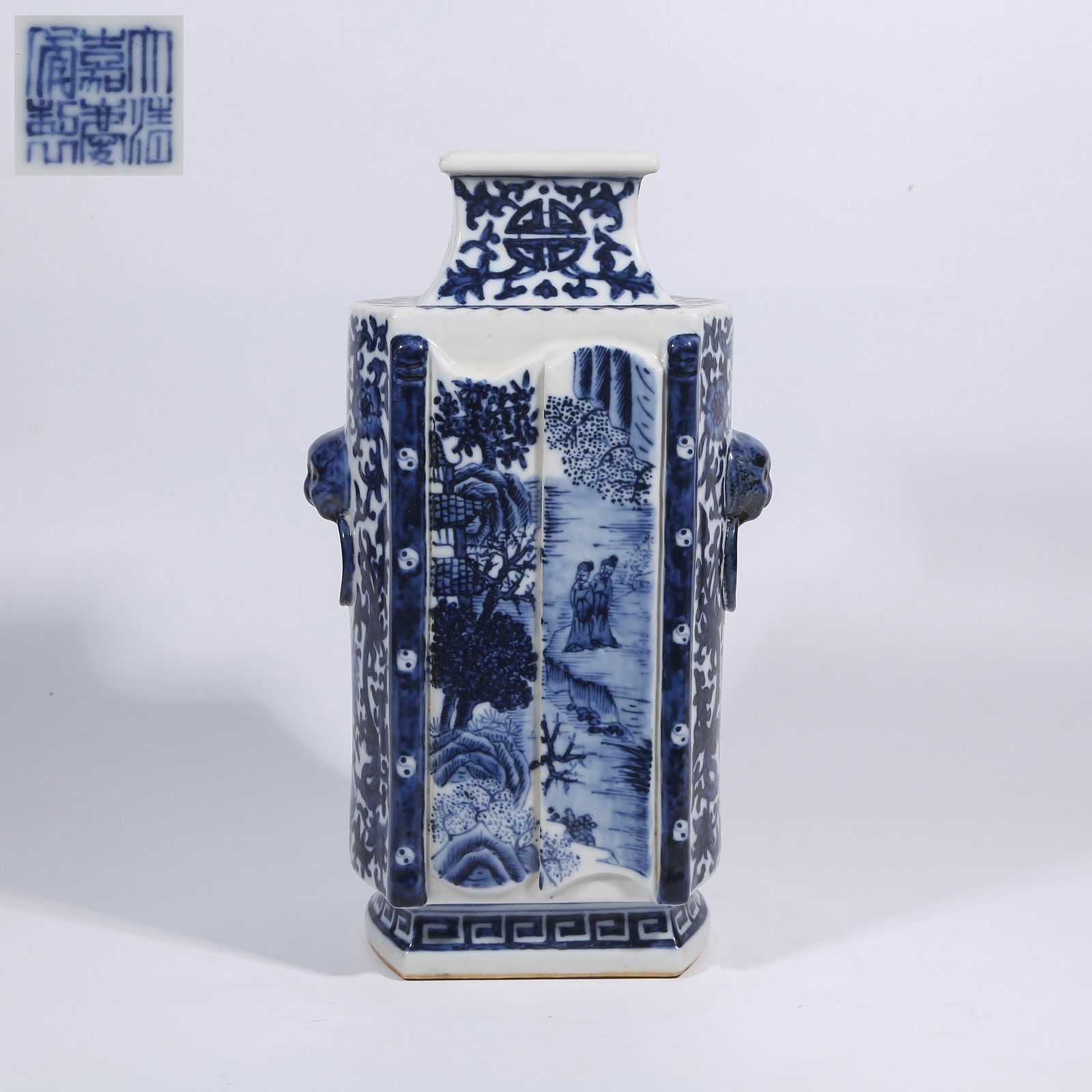 A BLUE-AND-WHITE FIGURE AND NARRATIVE SCENE CONG-FORMED VASE WITH DOUBLE HANDLES (1 of 9)