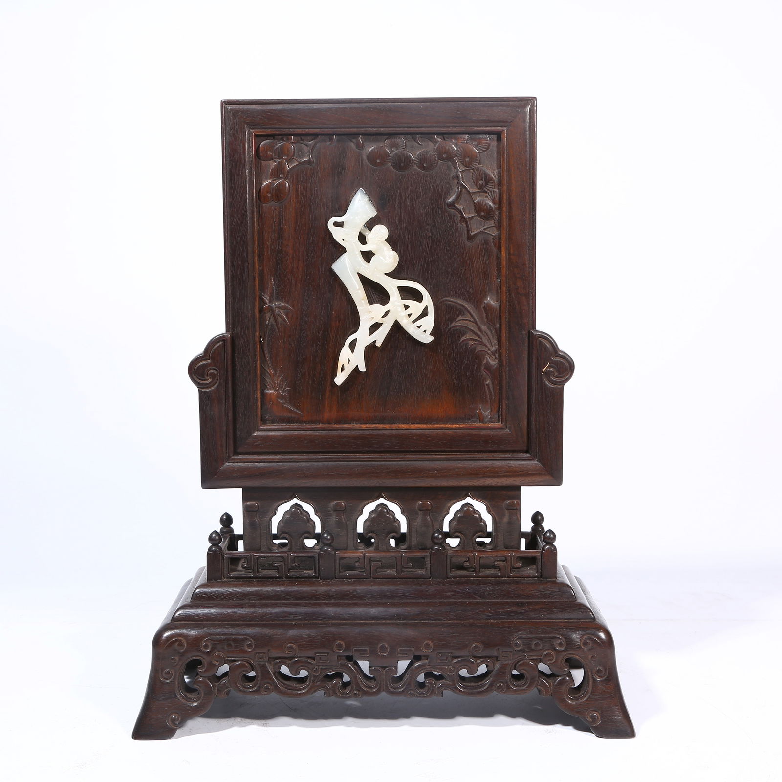 A HUANGHUALI WOOD TABLE SCREEN INLAID WITH HETIAN JADE, SPIRIT MONKEY MOTIF (1 of 9)