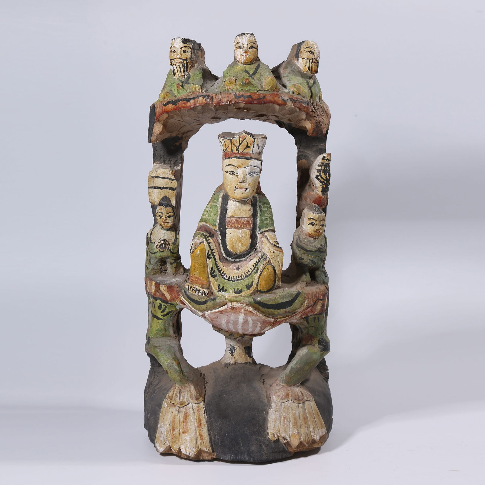 A WOOD CARVING SANCAI BUDDHA STATUE (1 of 9)