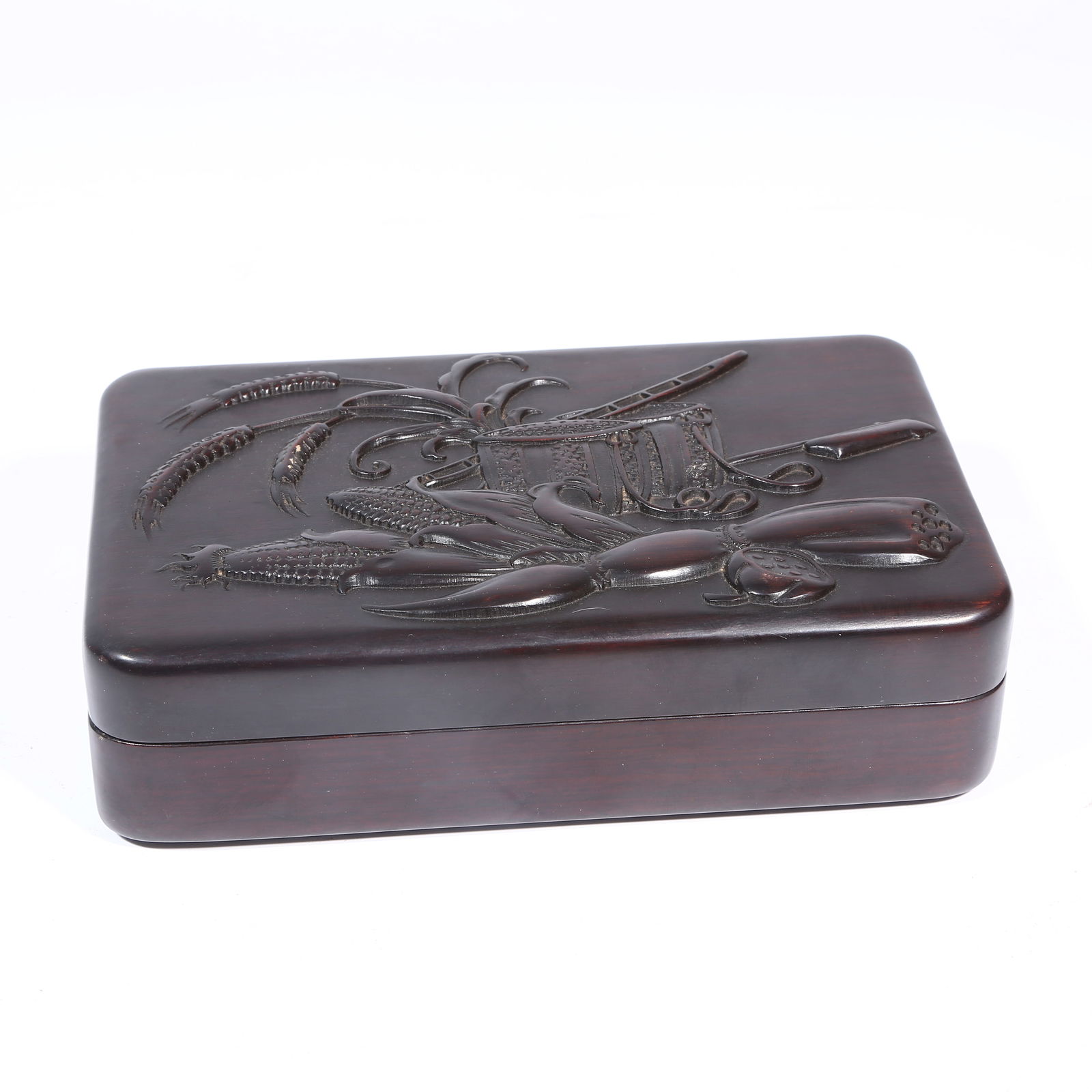 A ZITAN WOOD INKSTONE BOX WITH HARVEST SCENE (1 of 8)