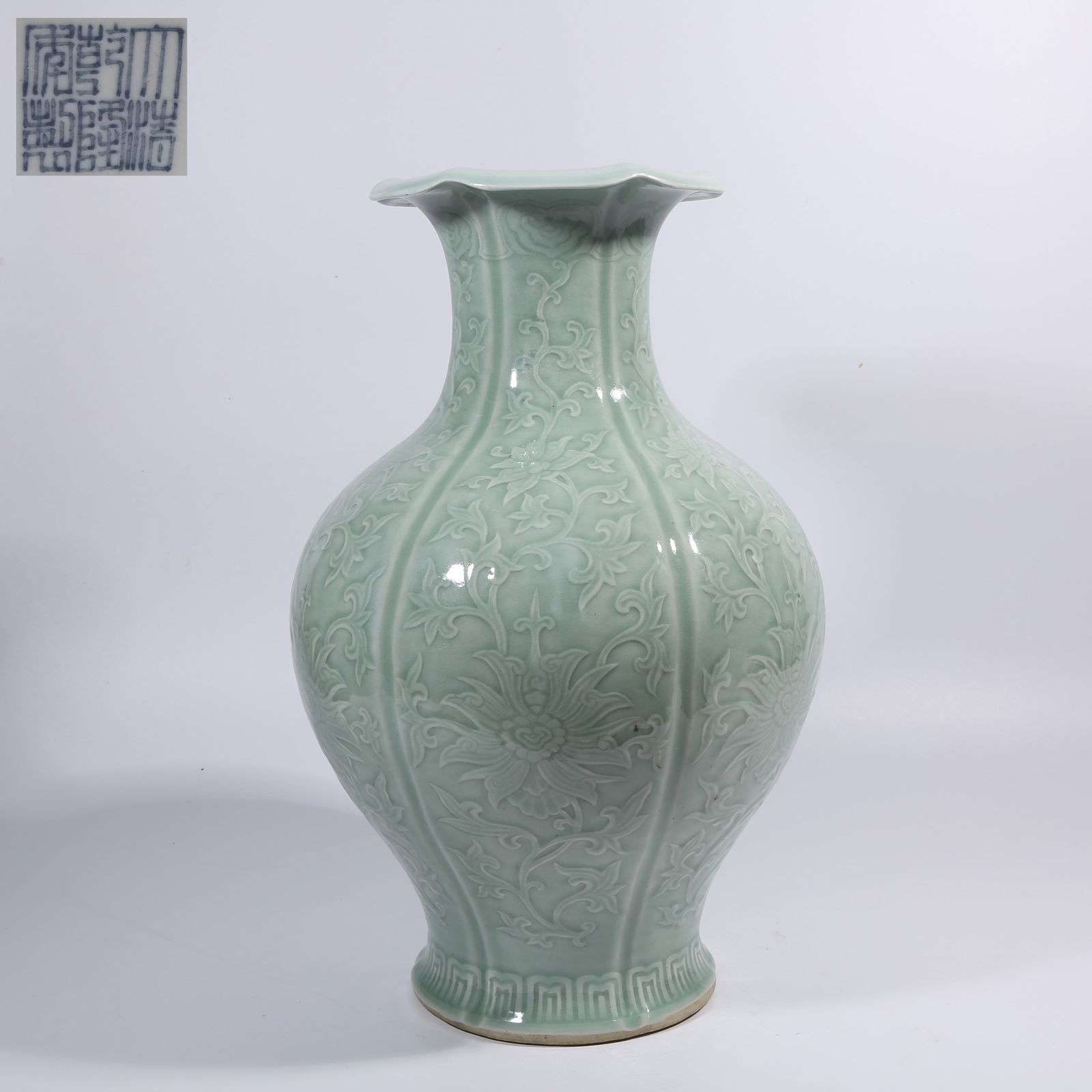 A POWDER-BLUE GLAZE FLOWER-MOUTHED VASE WITH CONTINUOUS FLORAL PATTERN (1 of 9)