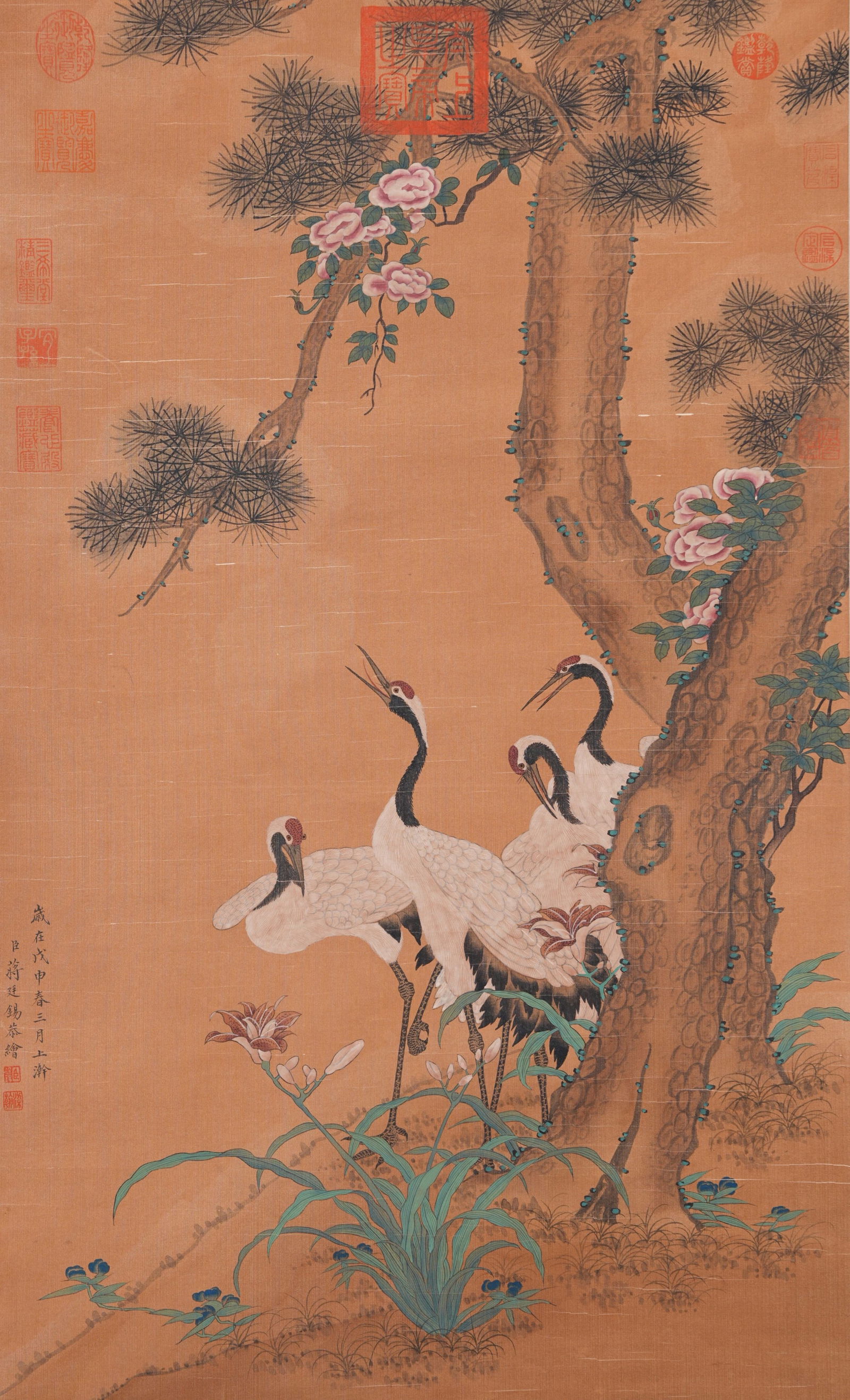 A PINE AND CRANE PAINTING ON SILK BY JIANG TINGXI.蔣廷錫 (1 of 9)