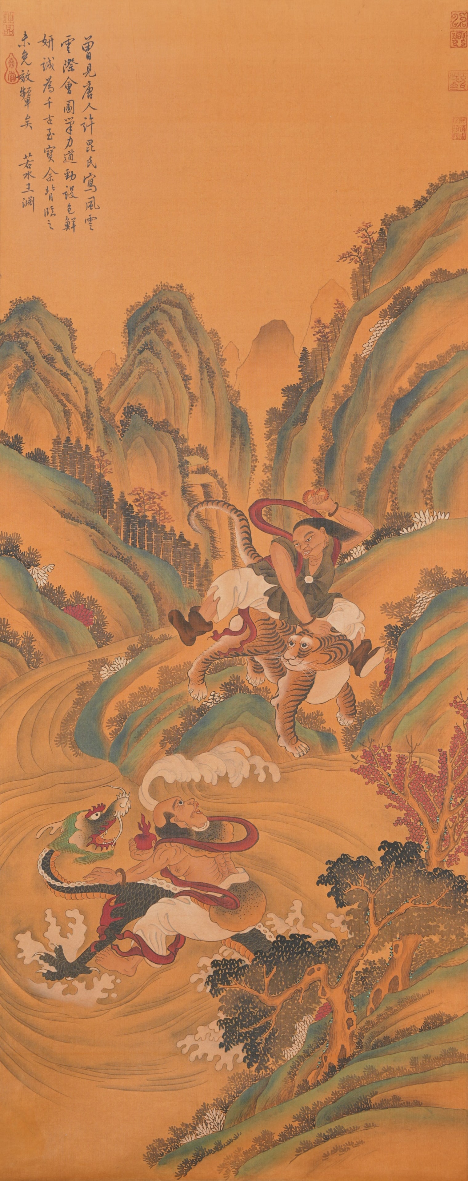 A LUOHAN SUBDUING DRAGONS AND TIGERS PAINTING ON SILK BY WANG YUAN.王淵: Luohan subduing dragons and tigers painting on silk by Wang Yuan.王淵