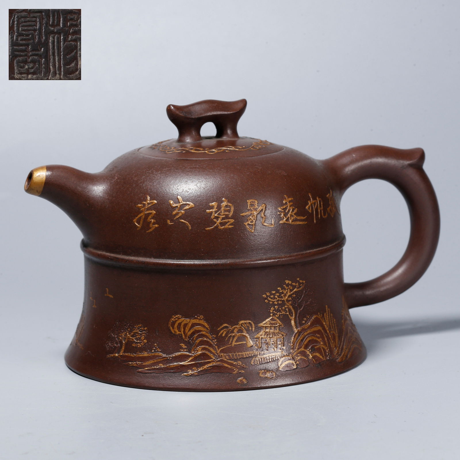 A ZISHA EWER WITH PAINTED GOLD LANDSCAPE DESIGN: Zisha Ewer with Painted Gold Landscape Design