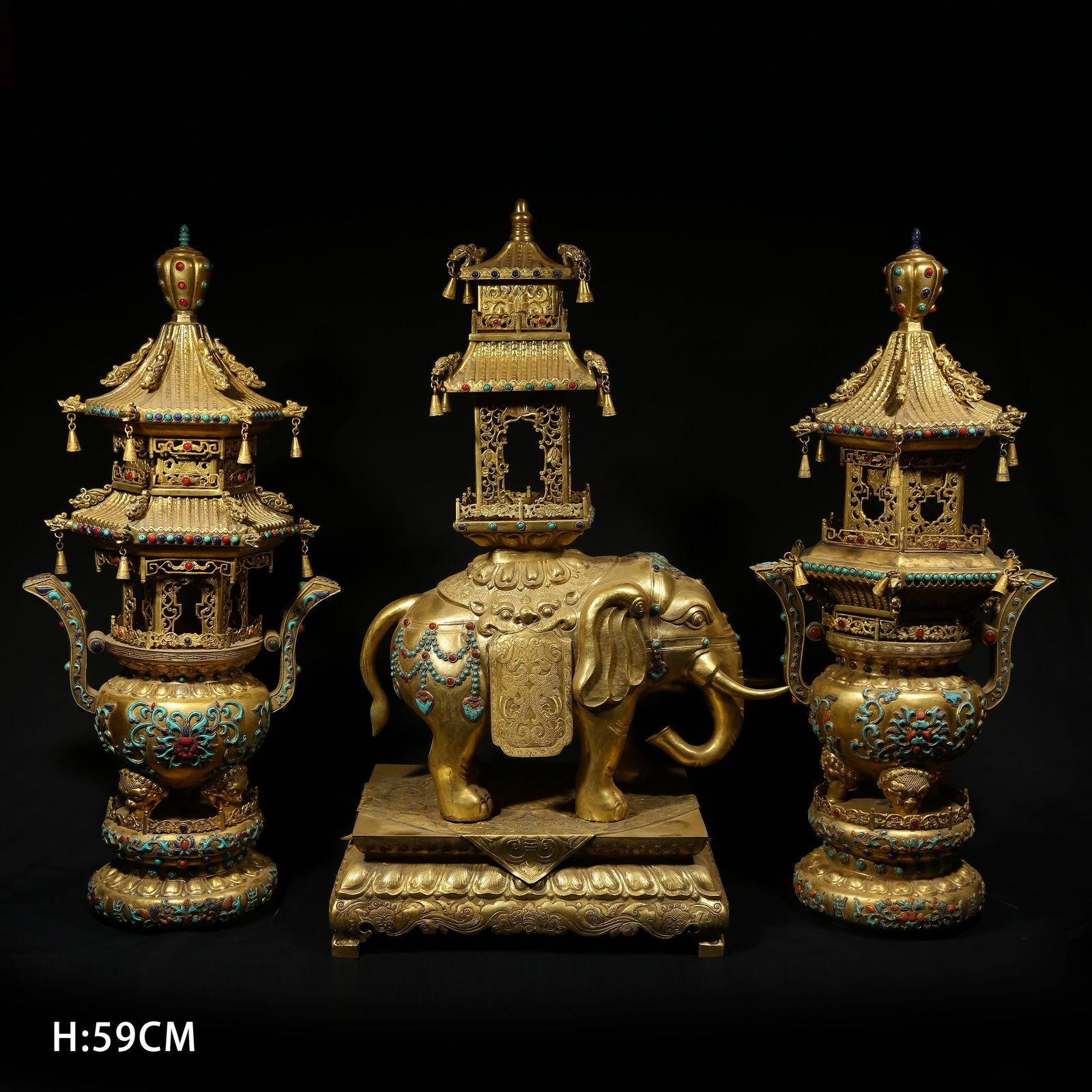 A GILDED BRONZE RITUAL OFFERING SET WITH INLAID GEMS (1 of 12)
