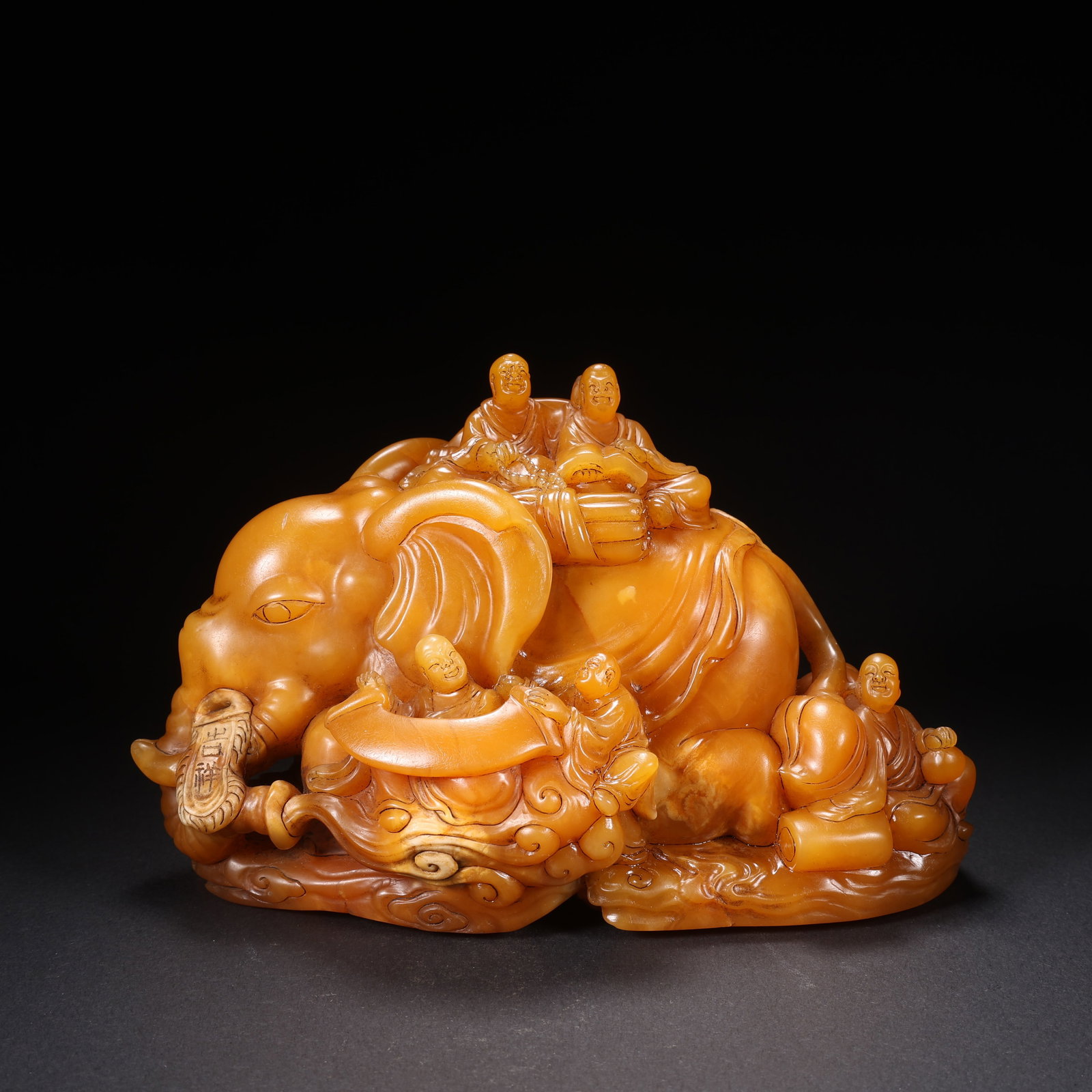 TIANHUANG STONE "FIVE CHILDREN PLAYING WITH AN ELEPHANT" DECORATIVE SCULPTURE: Tianhuang Stone "Five Children Playing with an Elephant" Decorative Sculpture